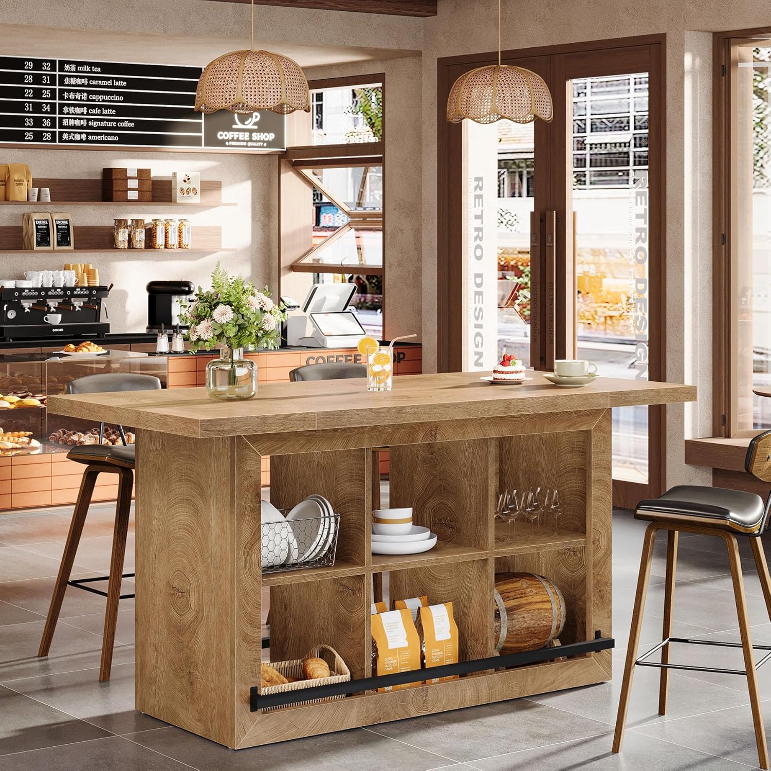 62.6" Bar Table, Rectangular Home Bar Cabinet Unit with 6 Spacious Cubbies - Image 9