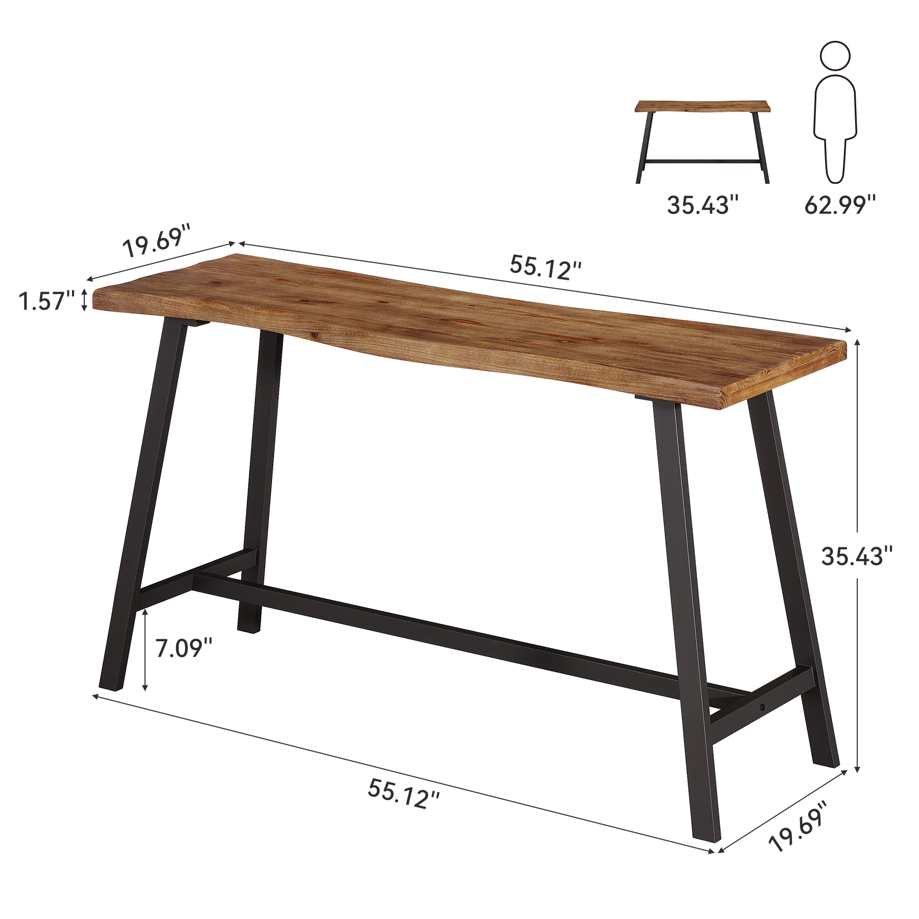 55" Solid Wood Bar Table, Industrial Counter Height Pub Table Bar Units(Table Only) - Image 2