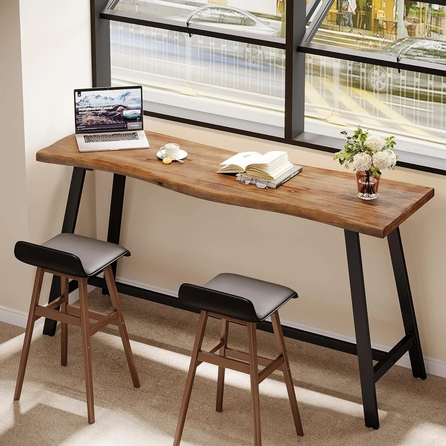 55" Solid Wood Bar Table, Industrial Counter Height Pub Table Bar Units(Table Only) - Image 4