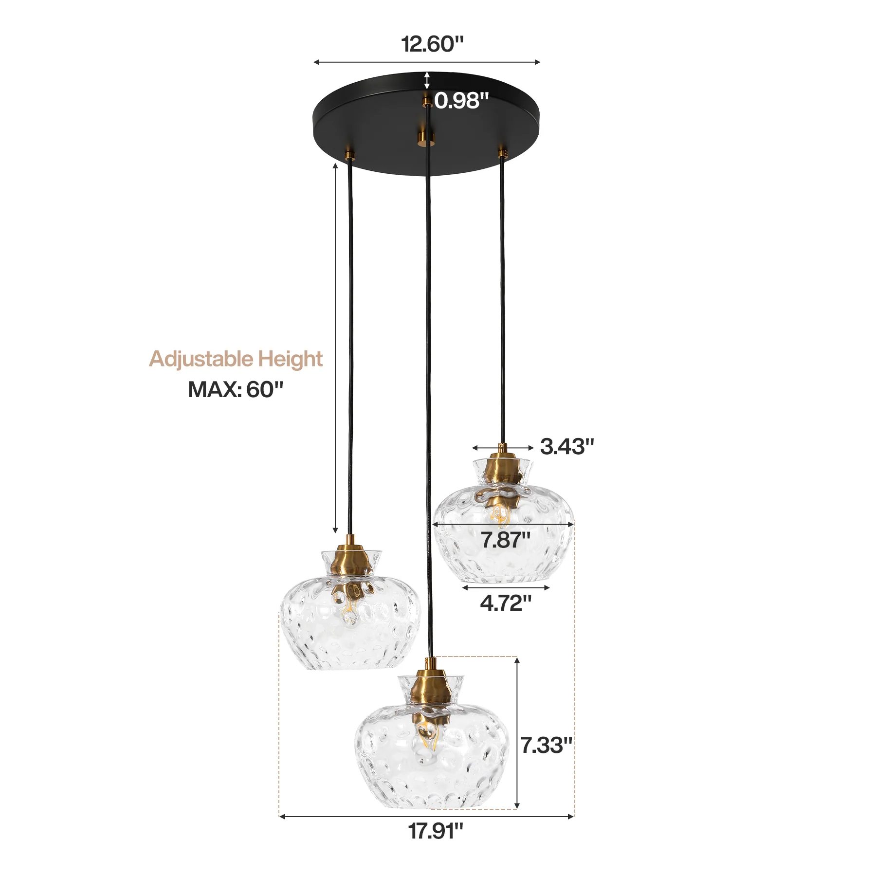 3-Light Pendant Lighting, Kitchen Ceiling Light Fixtures with Water Ripple Glass Shade - Image 2