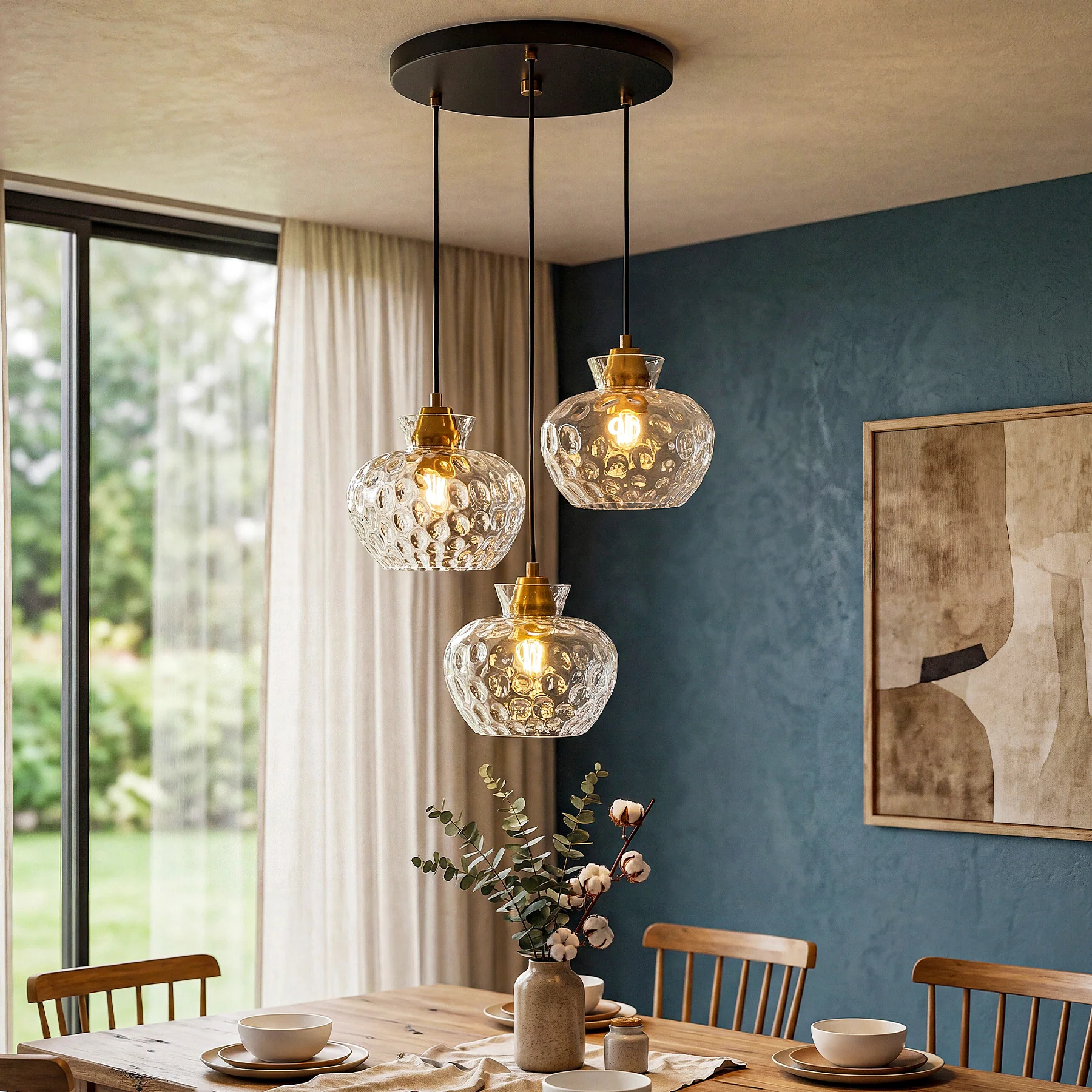 3-Light Pendant Lighting, Kitchen Ceiling Light Fixtures with Water Ripple Glass Shade - Image 3