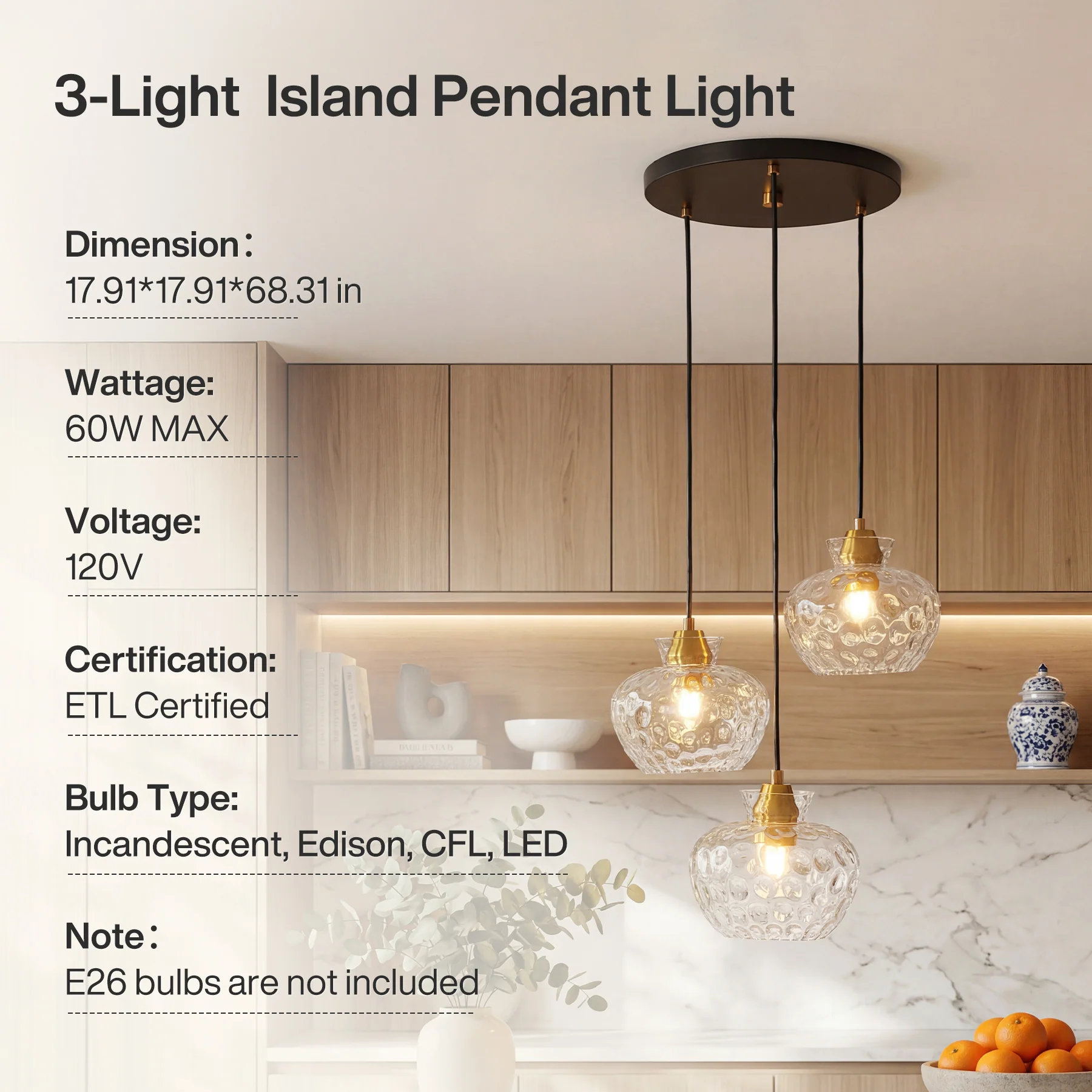 3-Light Pendant Lighting, Kitchen Ceiling Light Fixtures with Water Ripple Glass Shade - Image 8