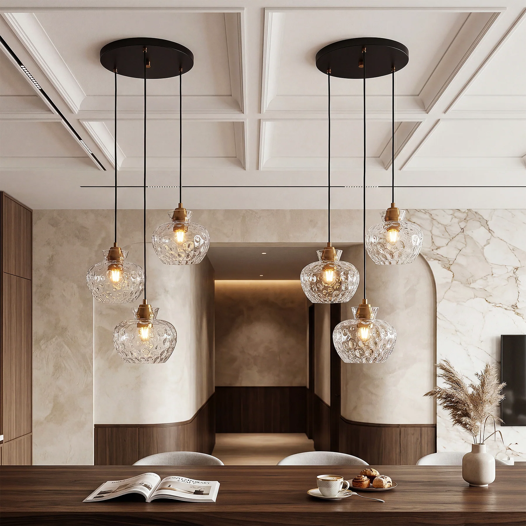 3-Light Pendant Lighting, Kitchen Ceiling Light Fixtures with Water Ripple Glass Shade - Image 9