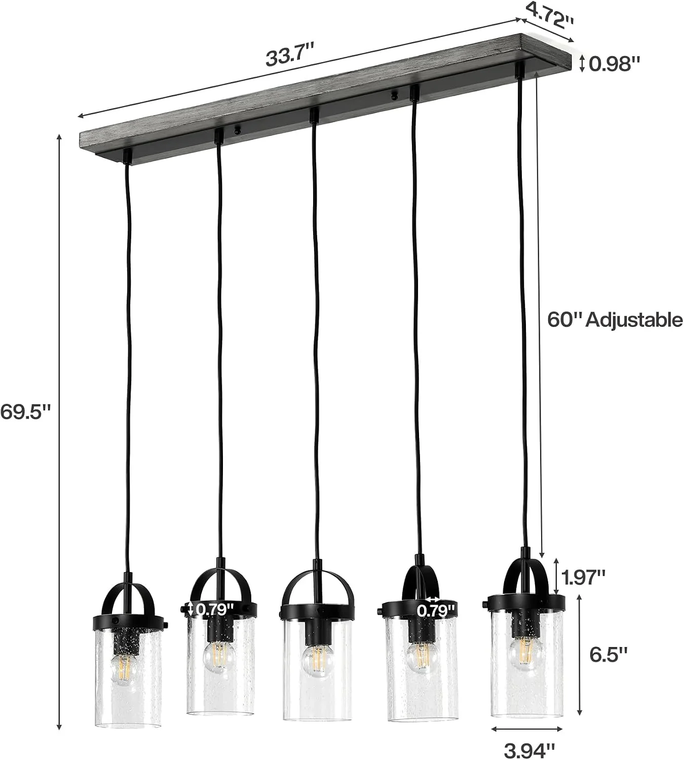 5-Light Linear Chandelier, Kitchen Island Lighting Fixture with Seeded Glass Shades, E26 Socket - Image 2