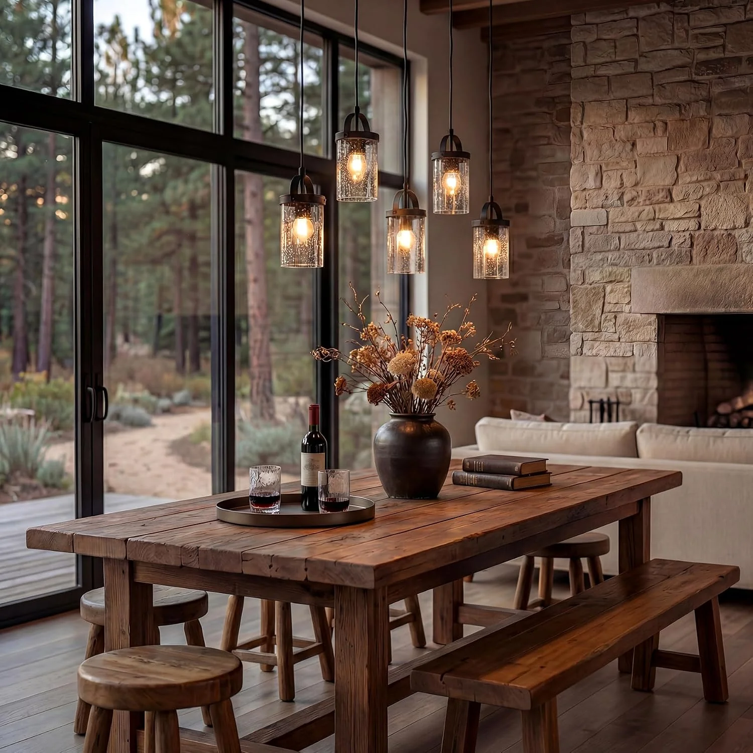 5-Light Linear Chandelier, Kitchen Island Lighting Fixture with Seeded Glass Shades, E26 Socket - Image 3