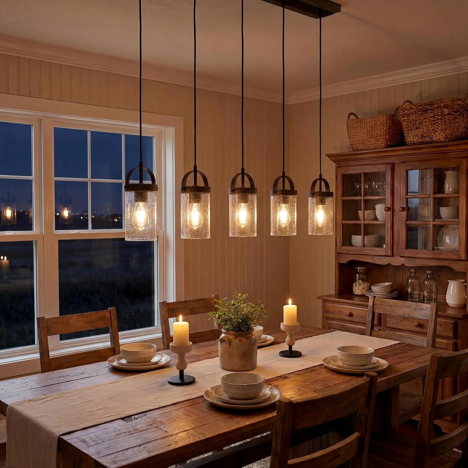5-Light Linear Chandelier, Kitchen Island Lighting Fixture with Seeded Glass Shades, E26 Socket - Image 4