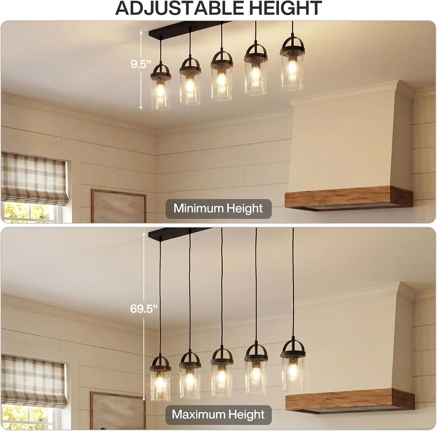 5-Light Linear Chandelier, Kitchen Island Lighting Fixture with Seeded Glass Shades, E26 Socket - Image 6