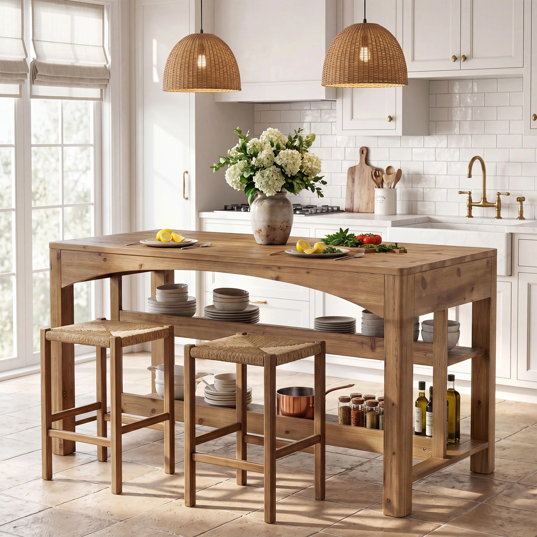 Tribesigns 59-Inch Kitchen Island, Solid Wood Island Table with 3-Tier Storage for Kitchen Dining Room - Image 5