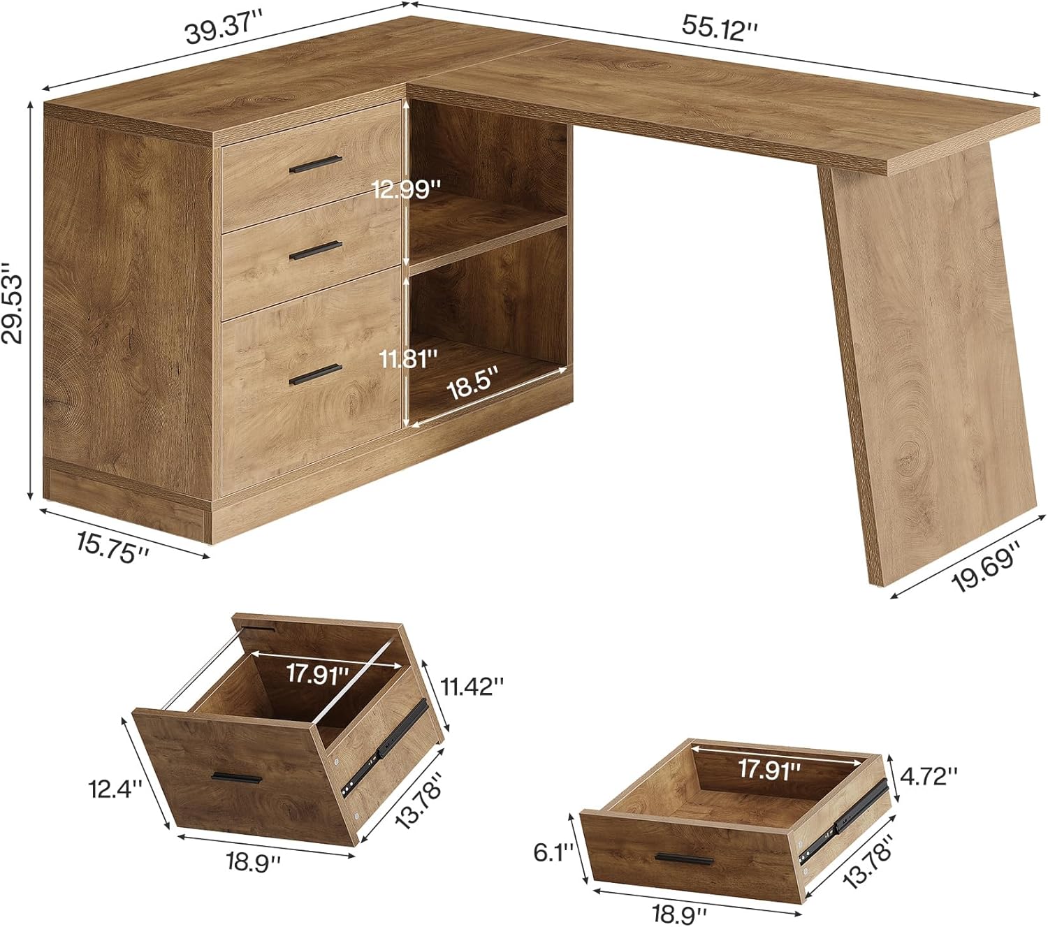 55" L-Shaped Computer Desk, Corner Executive Desk Home Office Desk with 3 Drawers - Image 2
