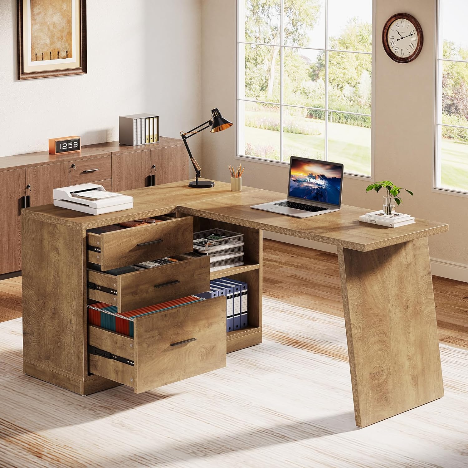 55" L-Shaped Computer Desk, Corner Executive Desk Home Office Desk with 3 Drawers - Image 3