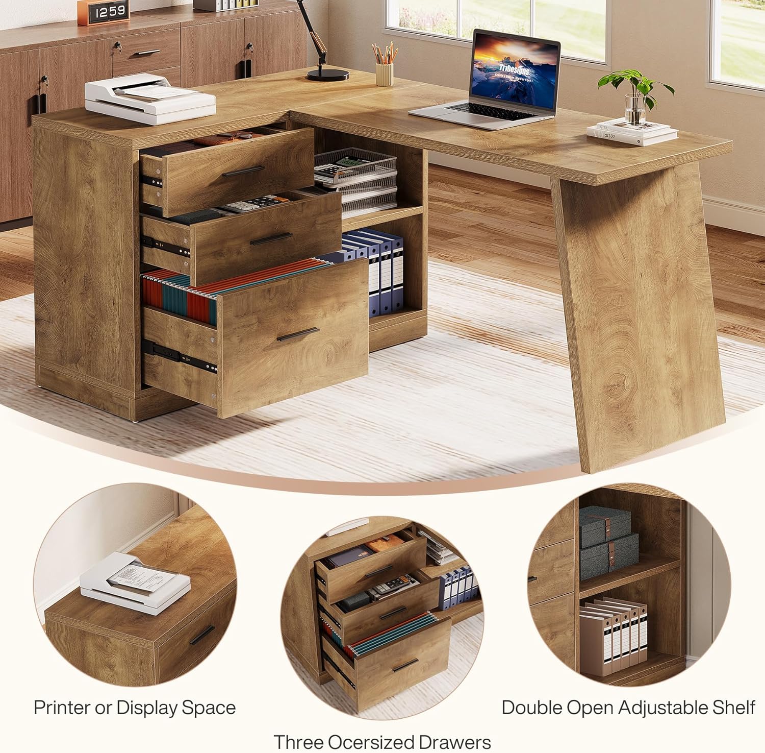 55" L-Shaped Computer Desk, Corner Executive Desk Home Office Desk with 3 Drawers - Image 4