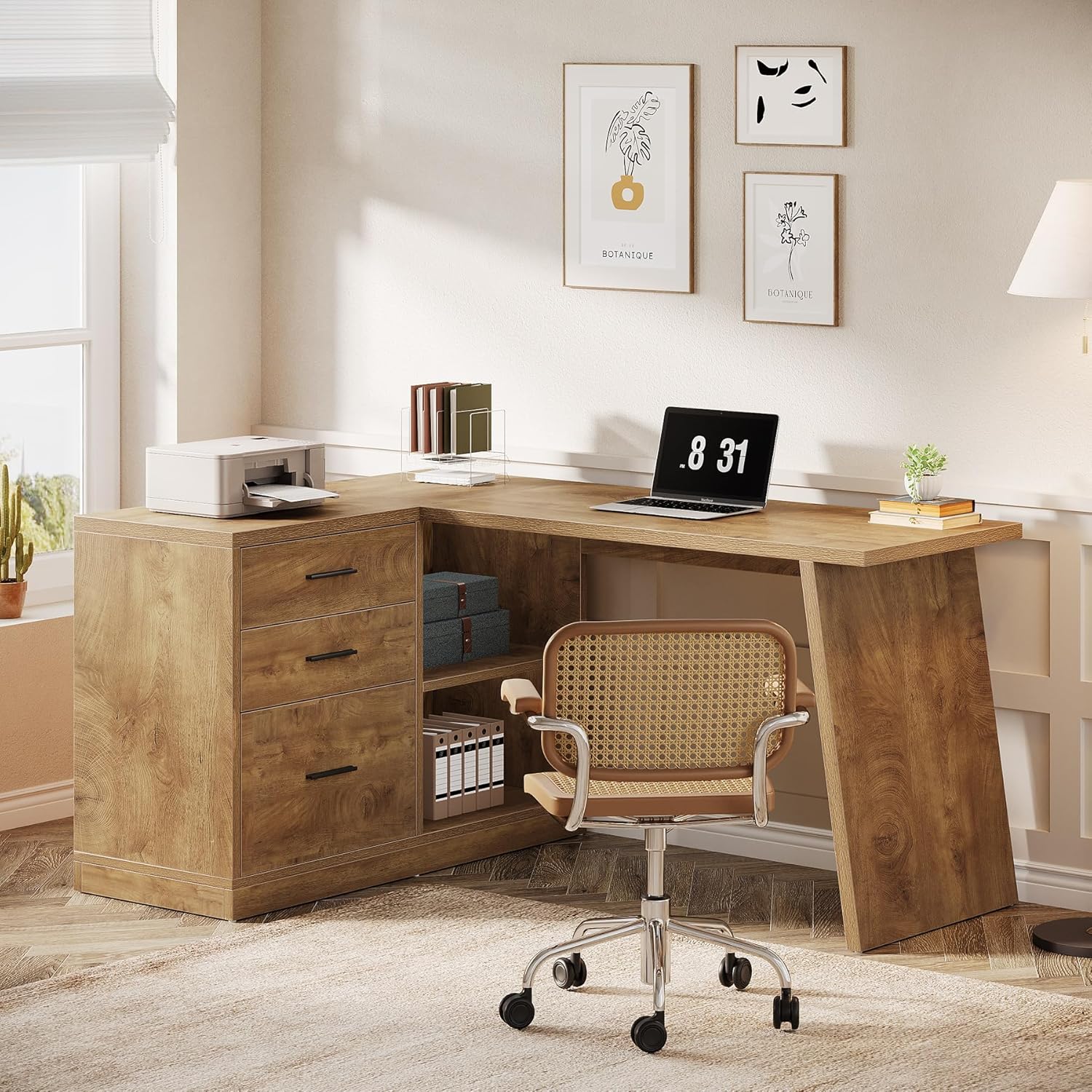 55" L-Shaped Computer Desk, Corner Executive Desk Home Office Desk with 3 Drawers - Image 6