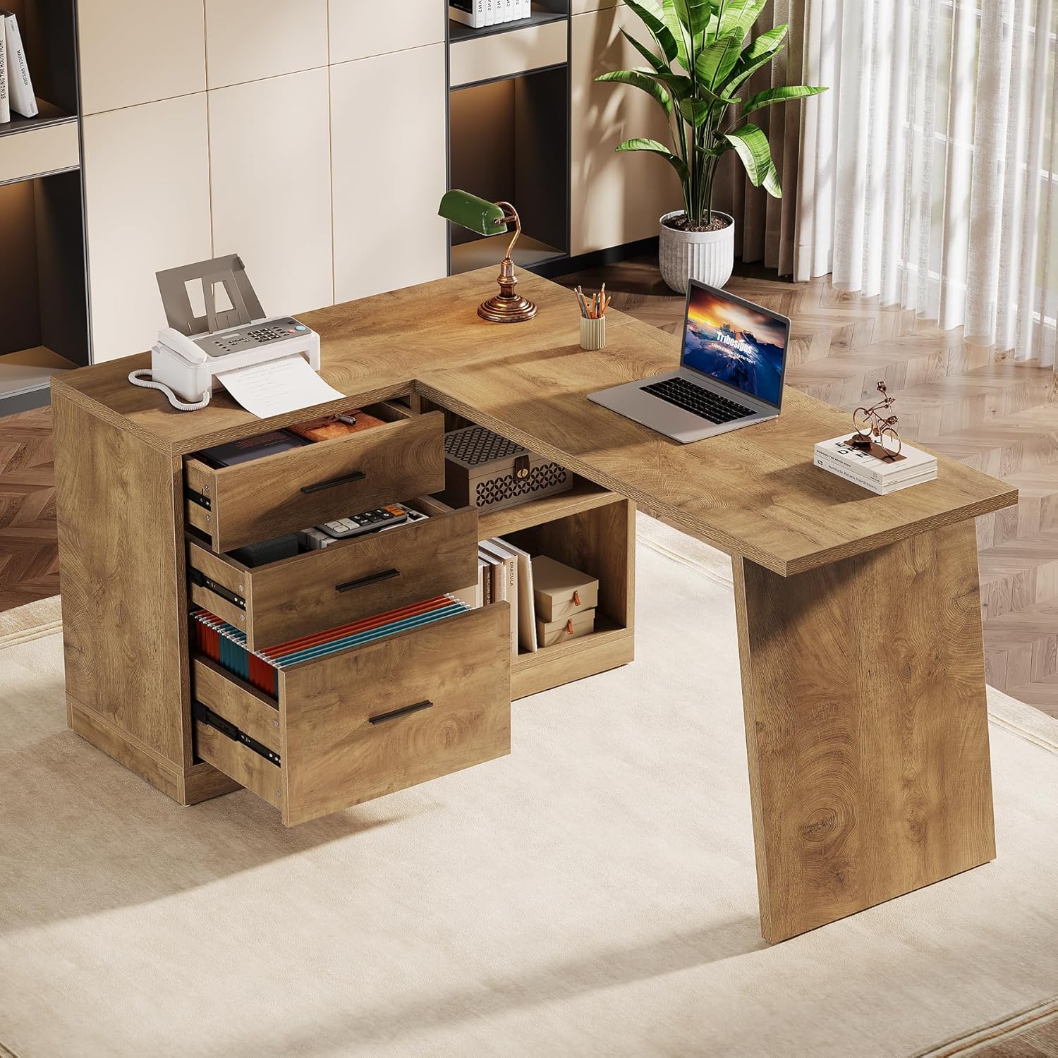 55" L-Shaped Computer Desk, Corner Executive Desk Home Office Desk with 3 Drawers - Image 7