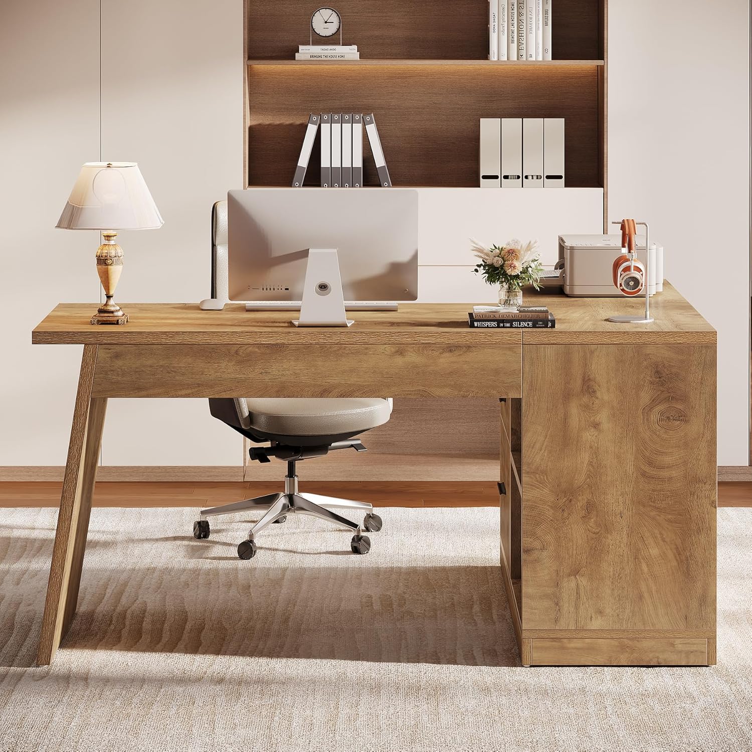 55" L-Shaped Computer Desk, Corner Executive Desk Home Office Desk with 3 Drawers - Image 8