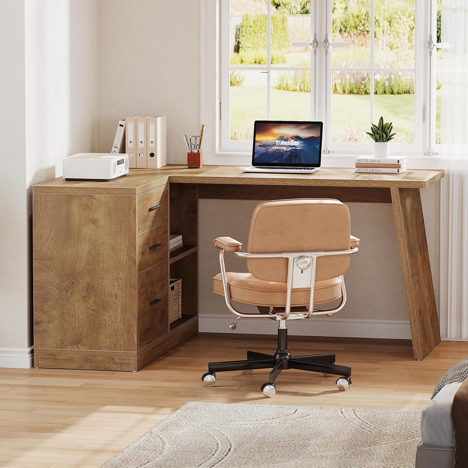 55" L-Shaped Computer Desk, Corner Executive Desk Home Office Desk with 3 Drawers - Image 9