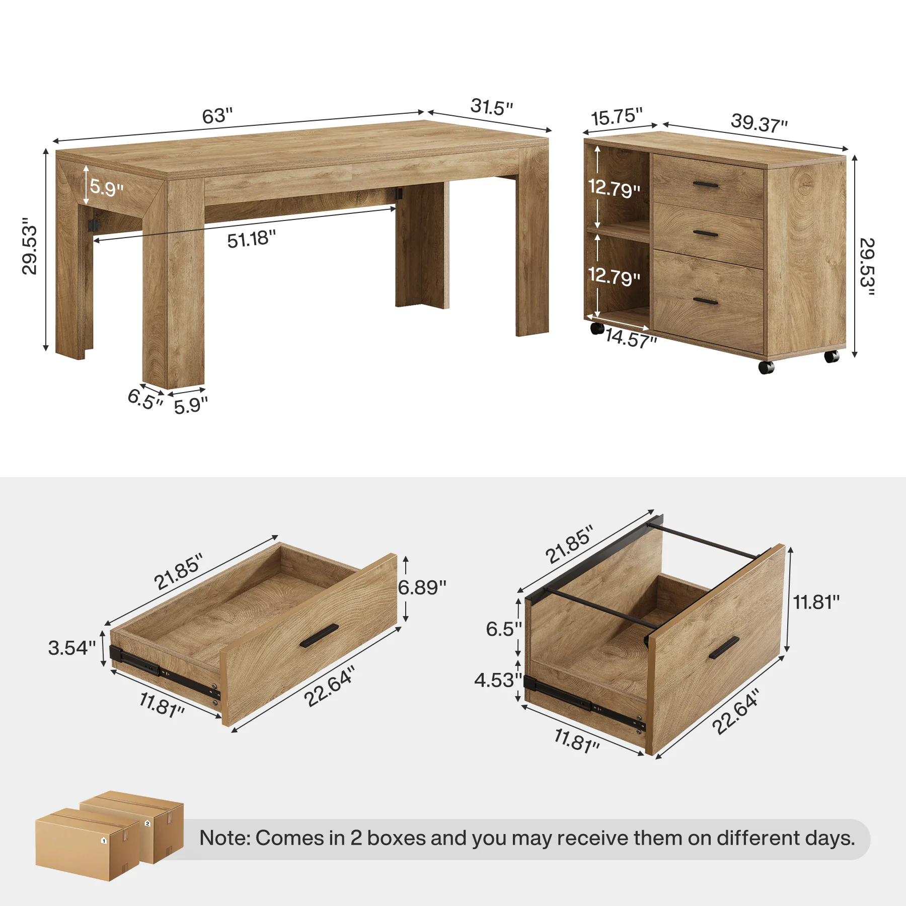 63" L-Shaped Desk, Executive Office Desk with Mobile Lateral File Cabinet - Image 2
