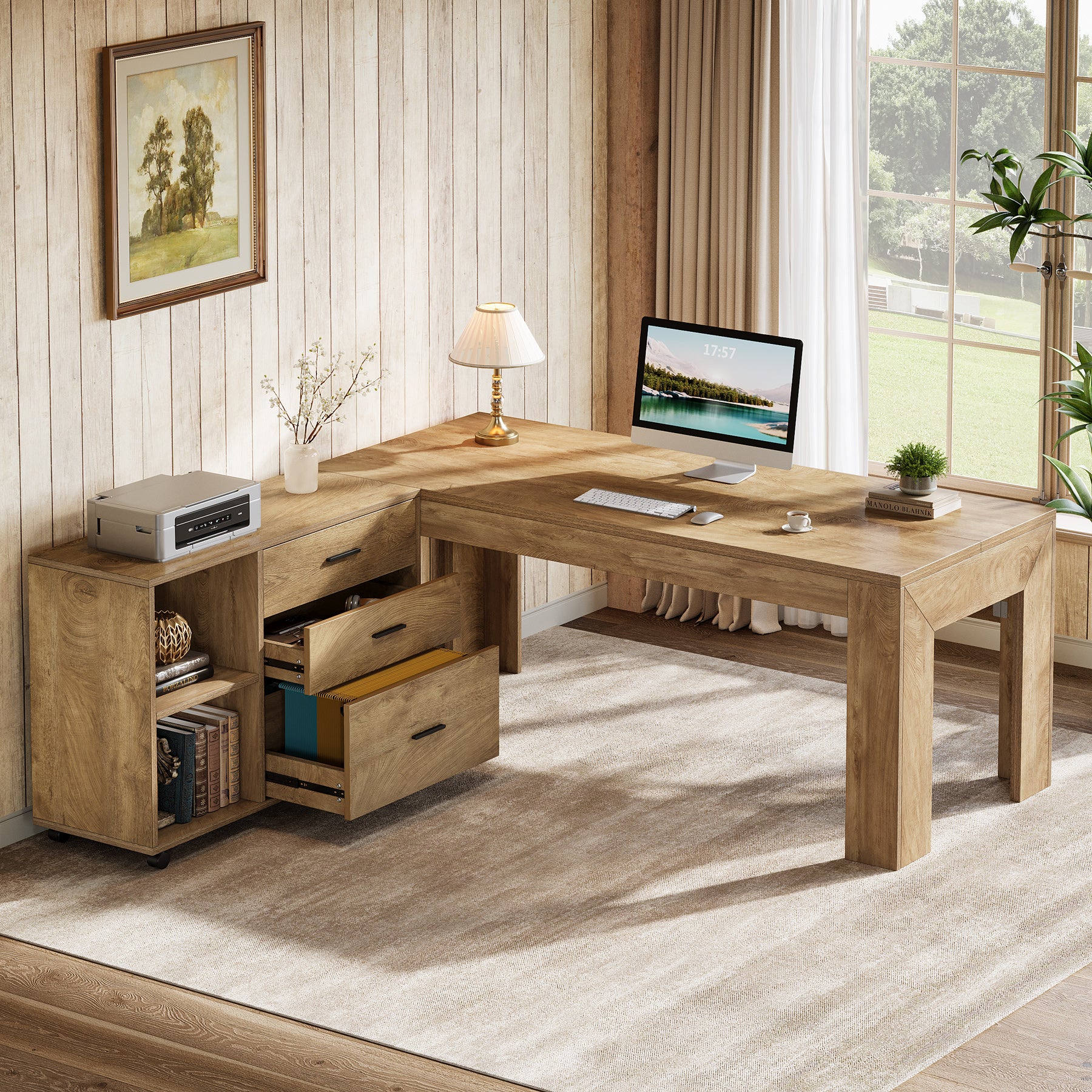 63" L-Shaped Desk, Executive Office Desk with Mobile Lateral File Cabinet - Image 3