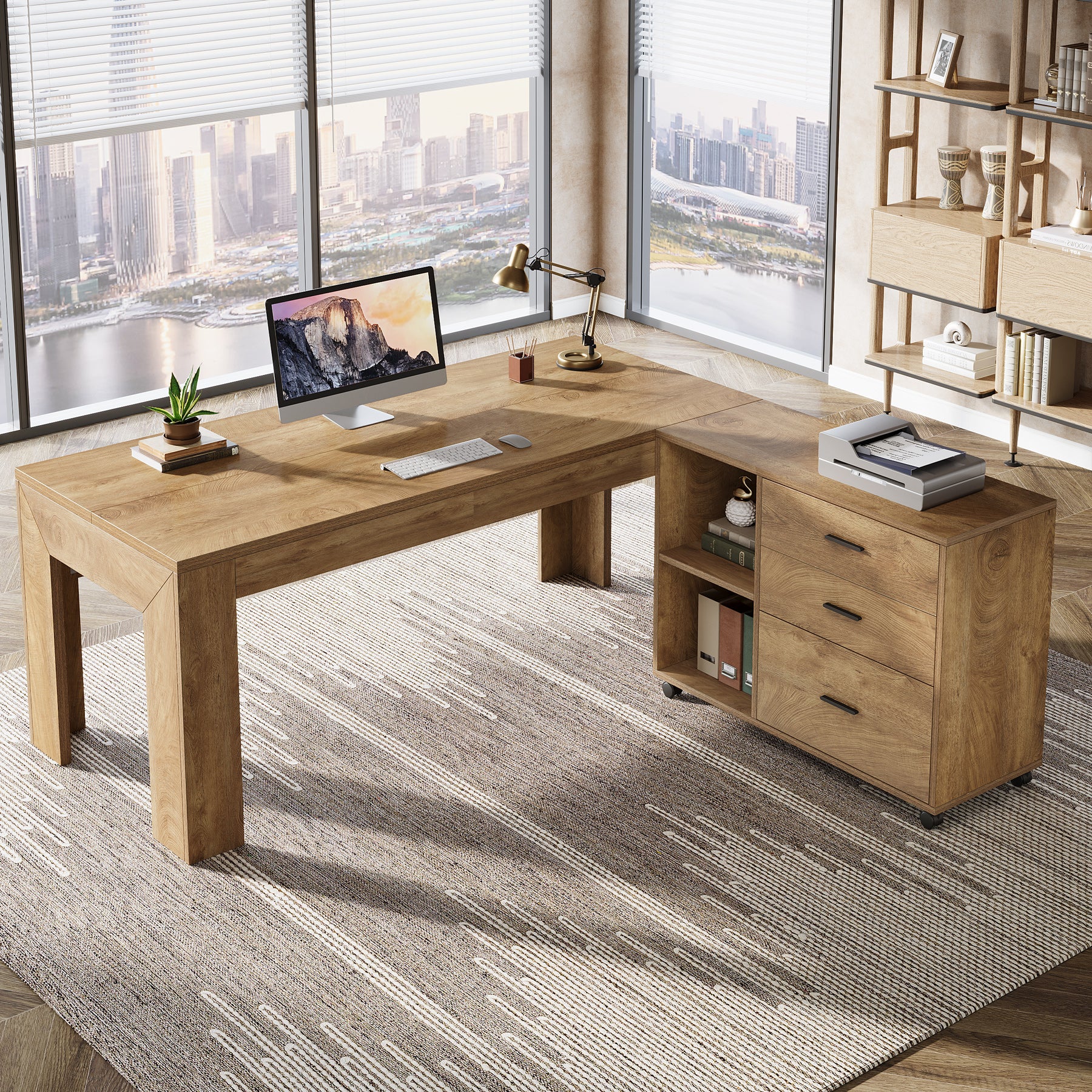 63" L-Shaped Desk, Executive Office Desk with Mobile Lateral File Cabinet - Image 5