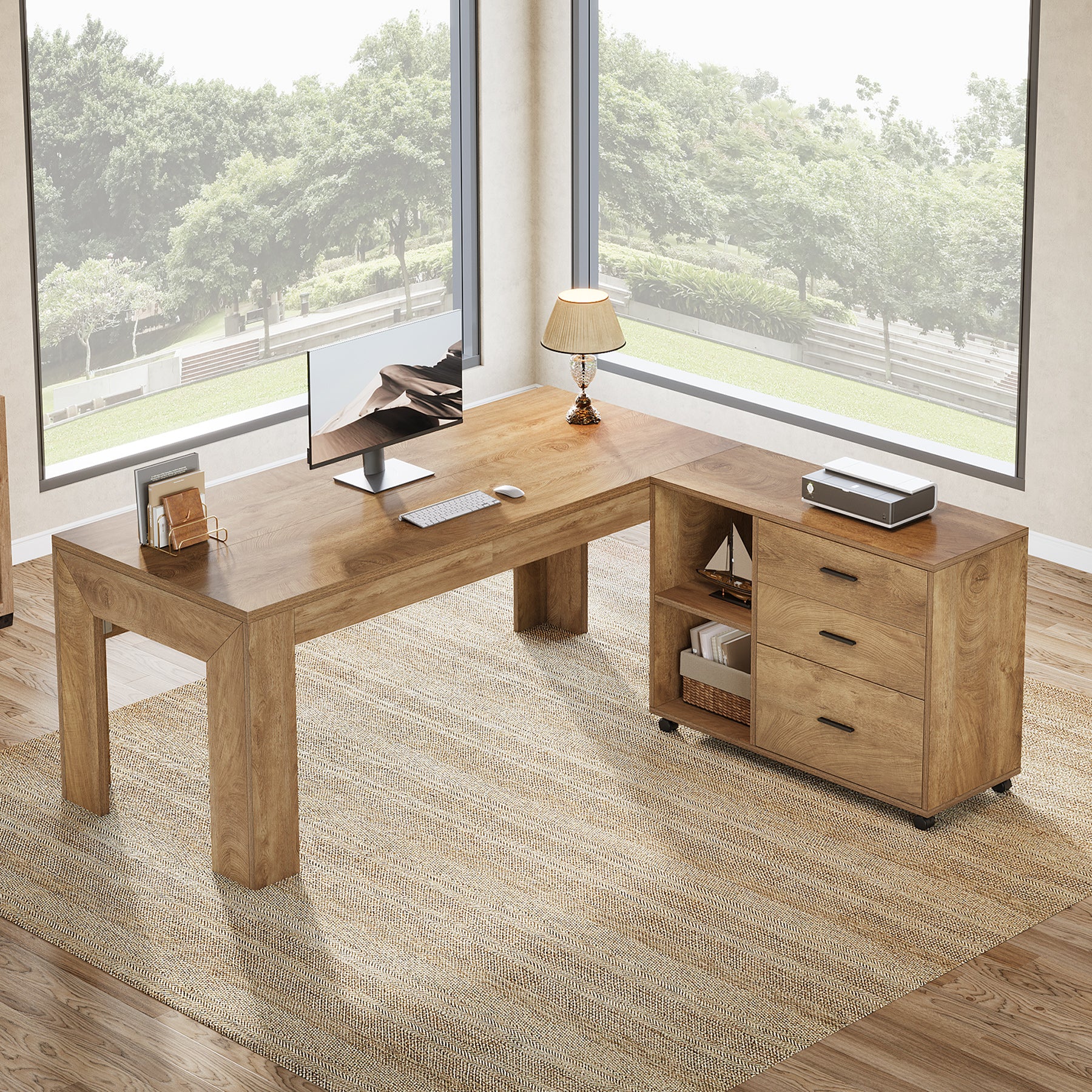 63" L-Shaped Desk, Executive Office Desk with Mobile Lateral File Cabinet - Image 7