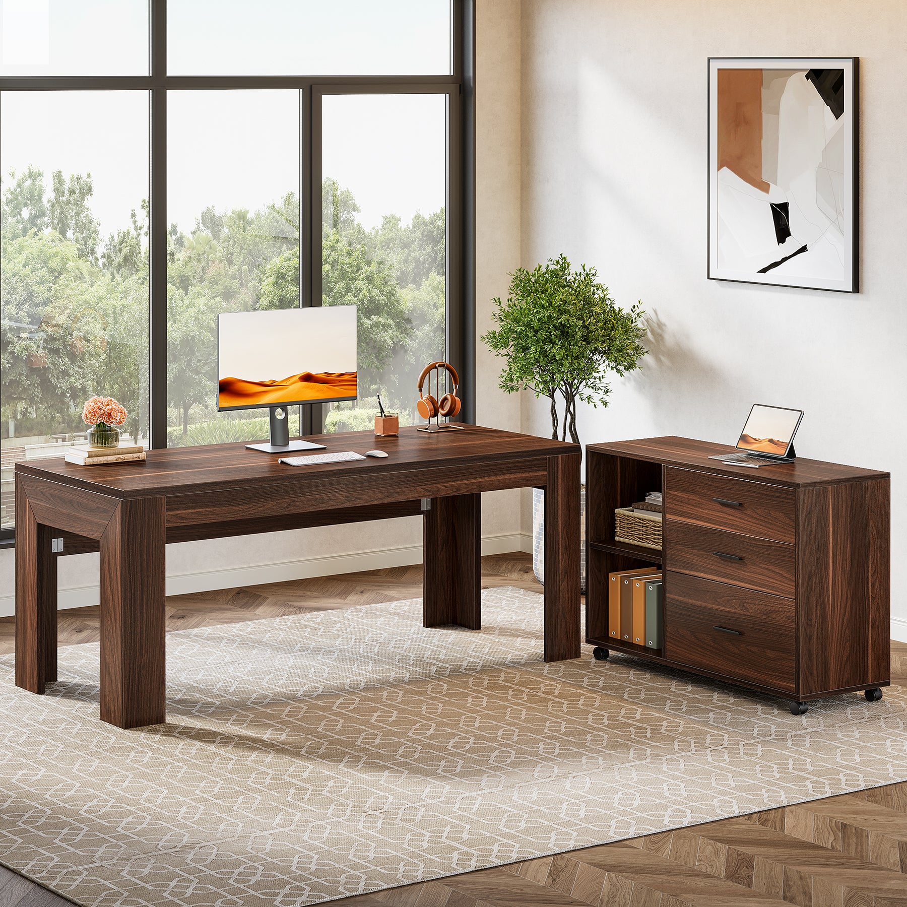 63" L-Shaped Desk, Executive Office Desk with Mobile Lateral File Cabinet - Image 8