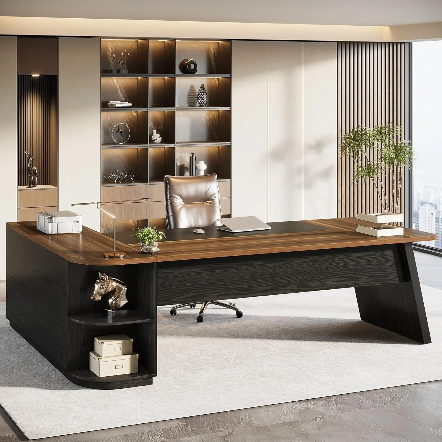 79" Executive Desk, L-Shaped Office Compter Desk with Cabinet for Home Office