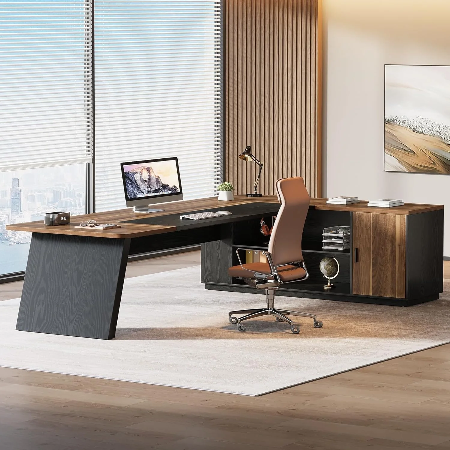 79" Executive Desk, L-Shaped Office Compter Desk with Cabinet for Home Office - Image 3