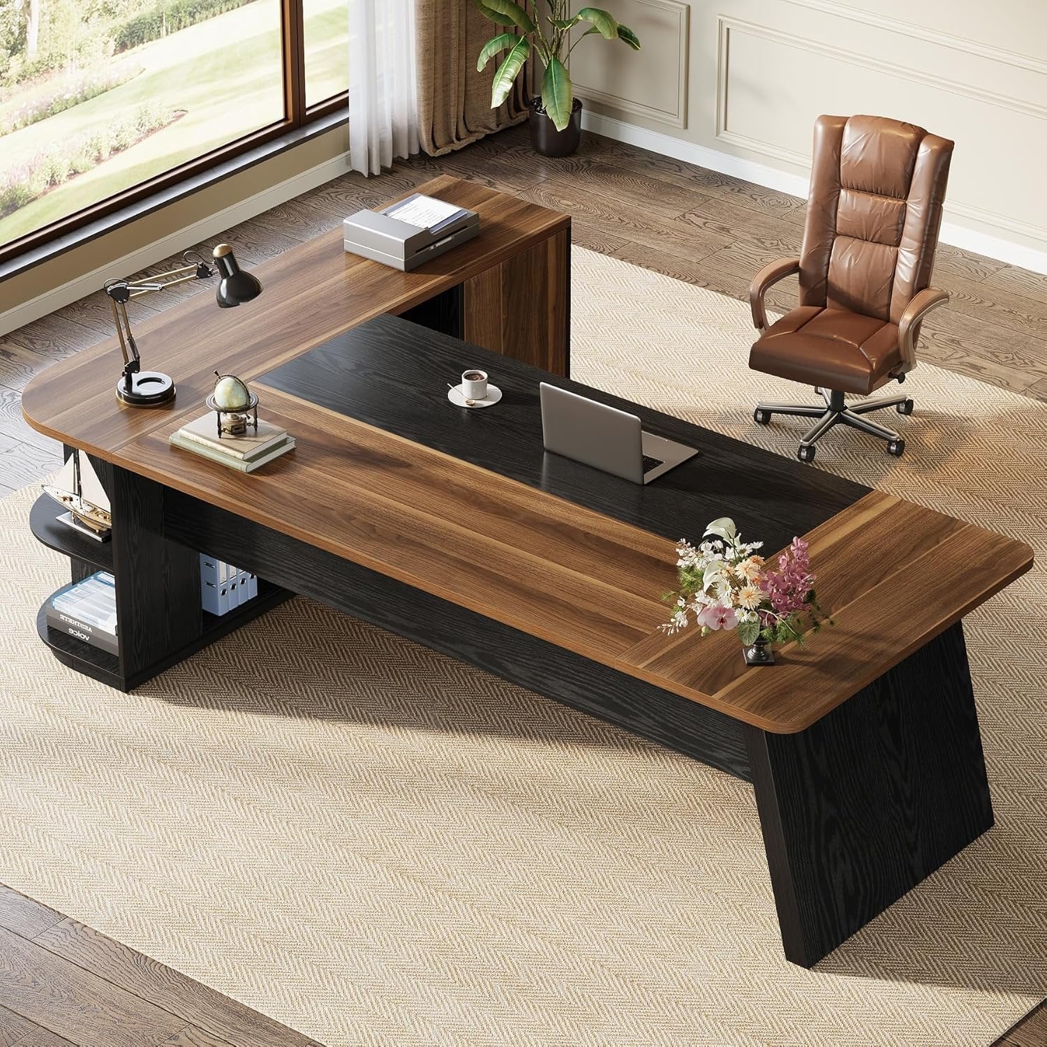 79" Executive Desk, L-Shaped Office Compter Desk with Cabinet for Home Office - Image 4