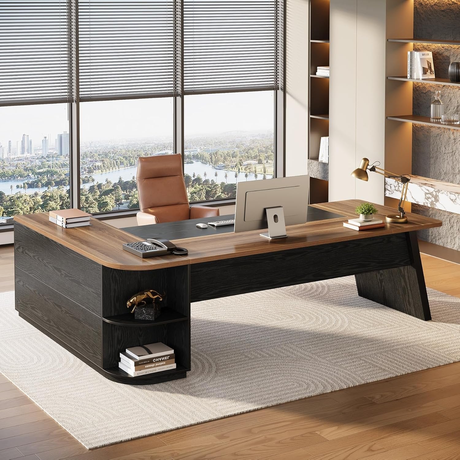 79" Executive Desk, L-Shaped Office Compter Desk with Cabinet for Home Office - Image 5