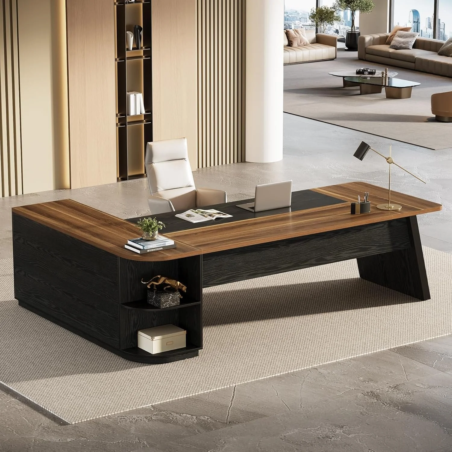 79" Executive Desk, L-Shaped Office Compter Desk with Cabinet for Home Office - Image 7