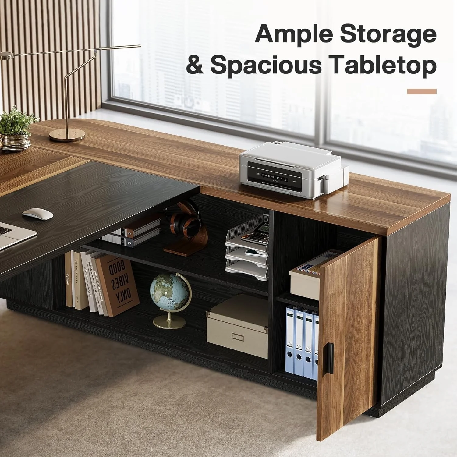 79" Executive Desk, L-Shaped Office Compter Desk with Cabinet for Home Office - Image 8