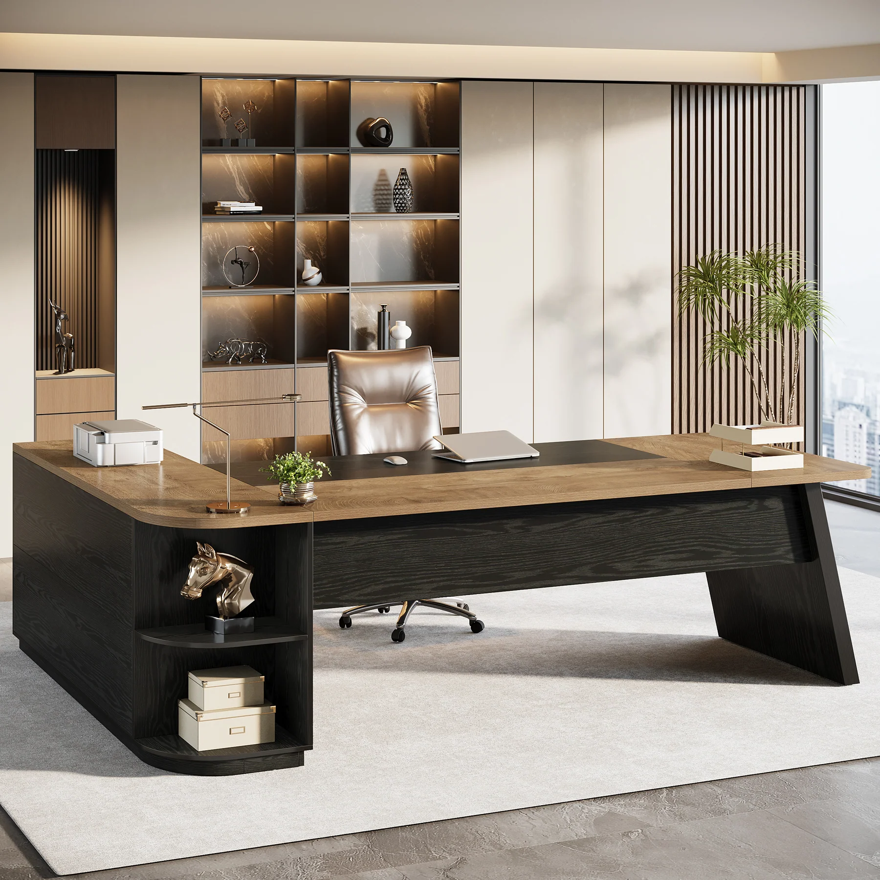 79" Executive Desk, L-Shaped Office Compter Desk with Cabinet for Home Office - Image 9
