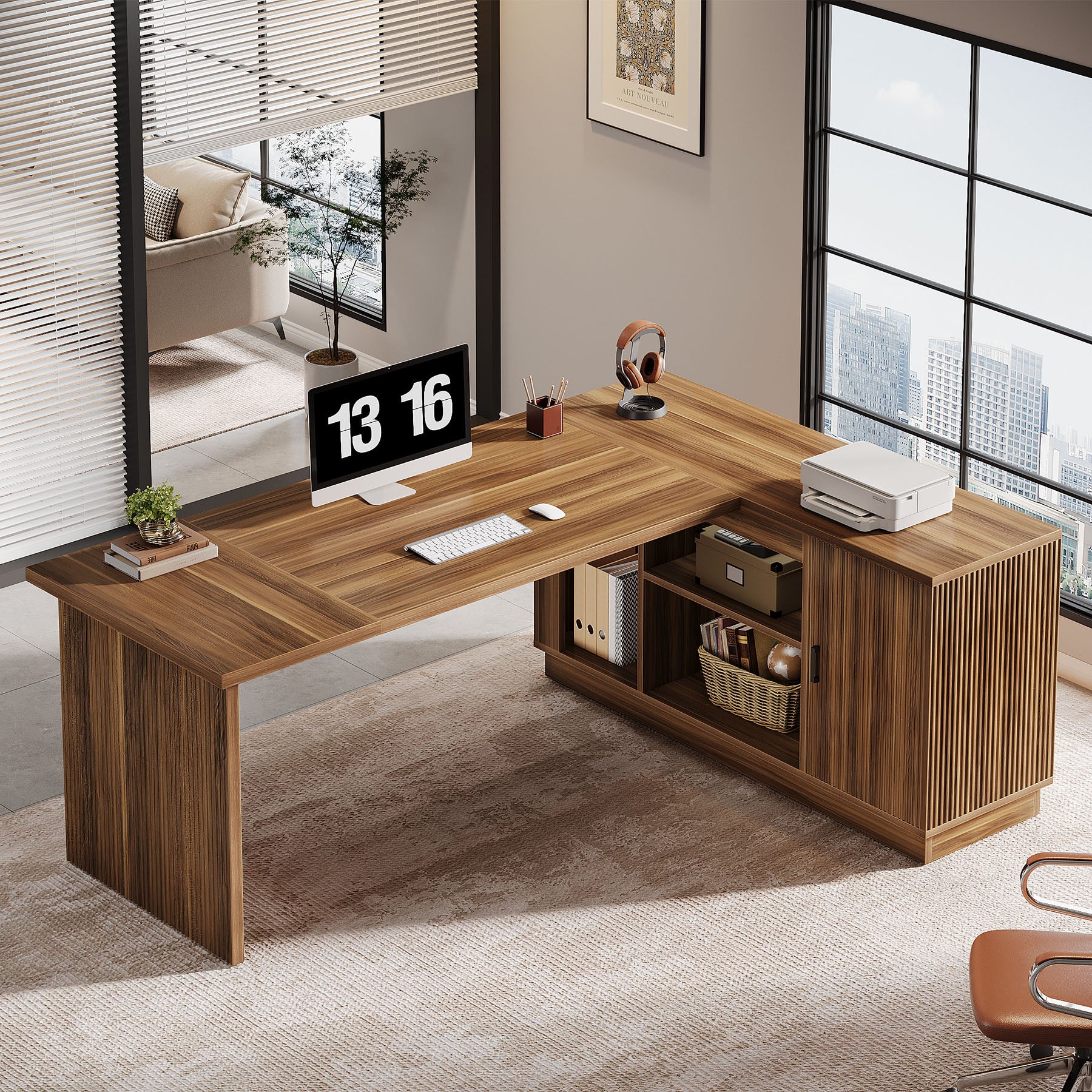 71" Executive Desk, L-Shaped Office Computer Table with File Cabinet - Image 4