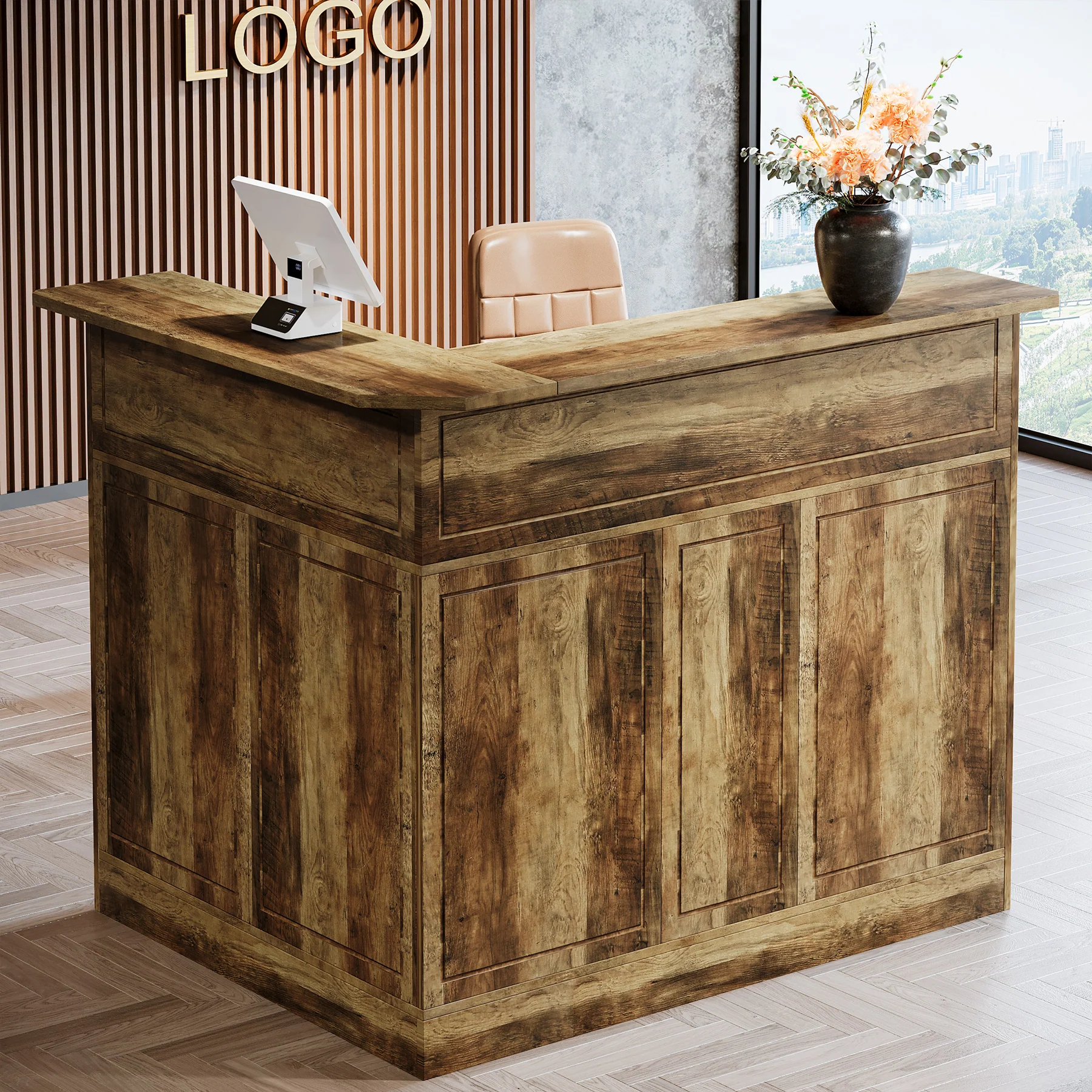 L-Shaped Reception Desk with Storage Shelves, Modern Front Desk for Small Office or Salon - Image 10