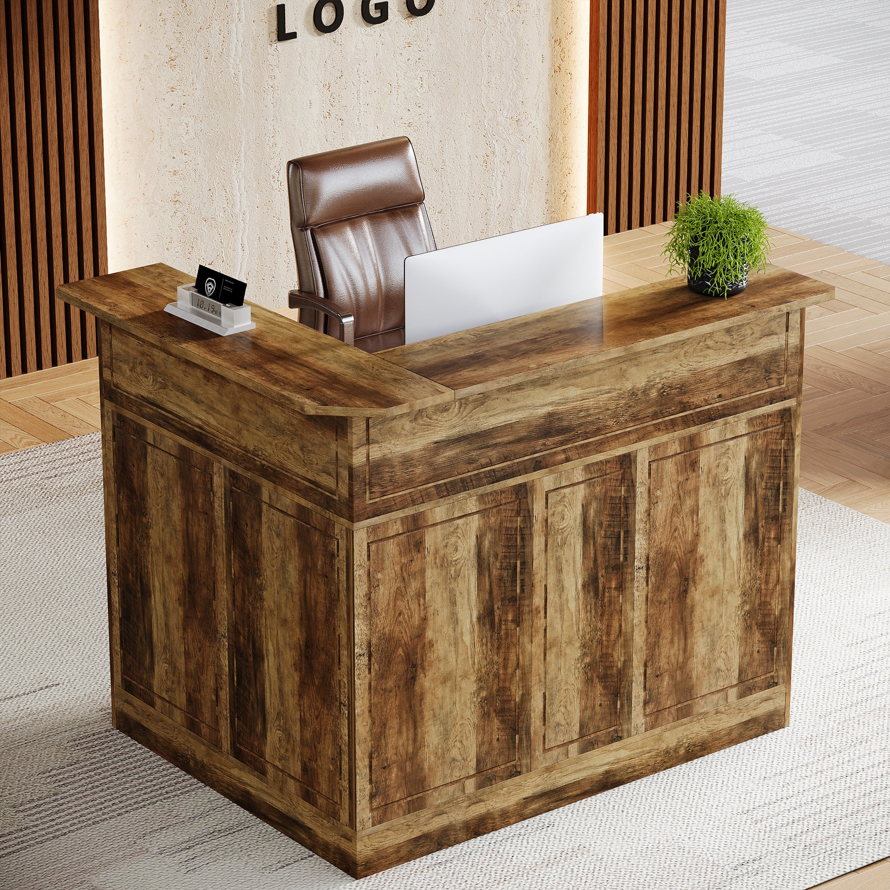 L-Shaped Reception Desk with Storage Shelves, Modern Front Desk for Small Office or Salon - Image 11