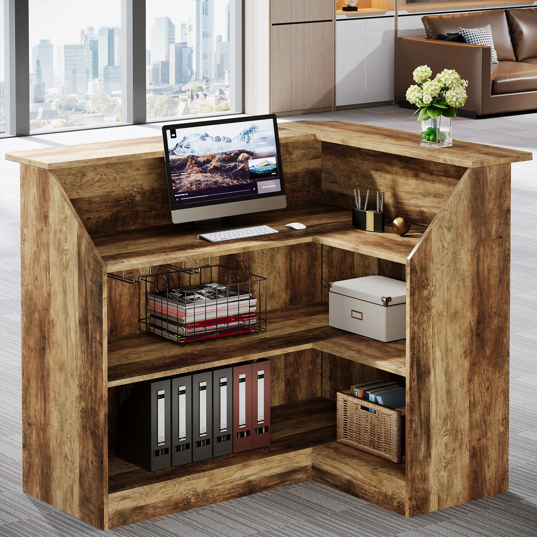 L-Shaped Reception Desk with Storage Shelves, Modern Front Desk for Small Office or Salon - Image 12