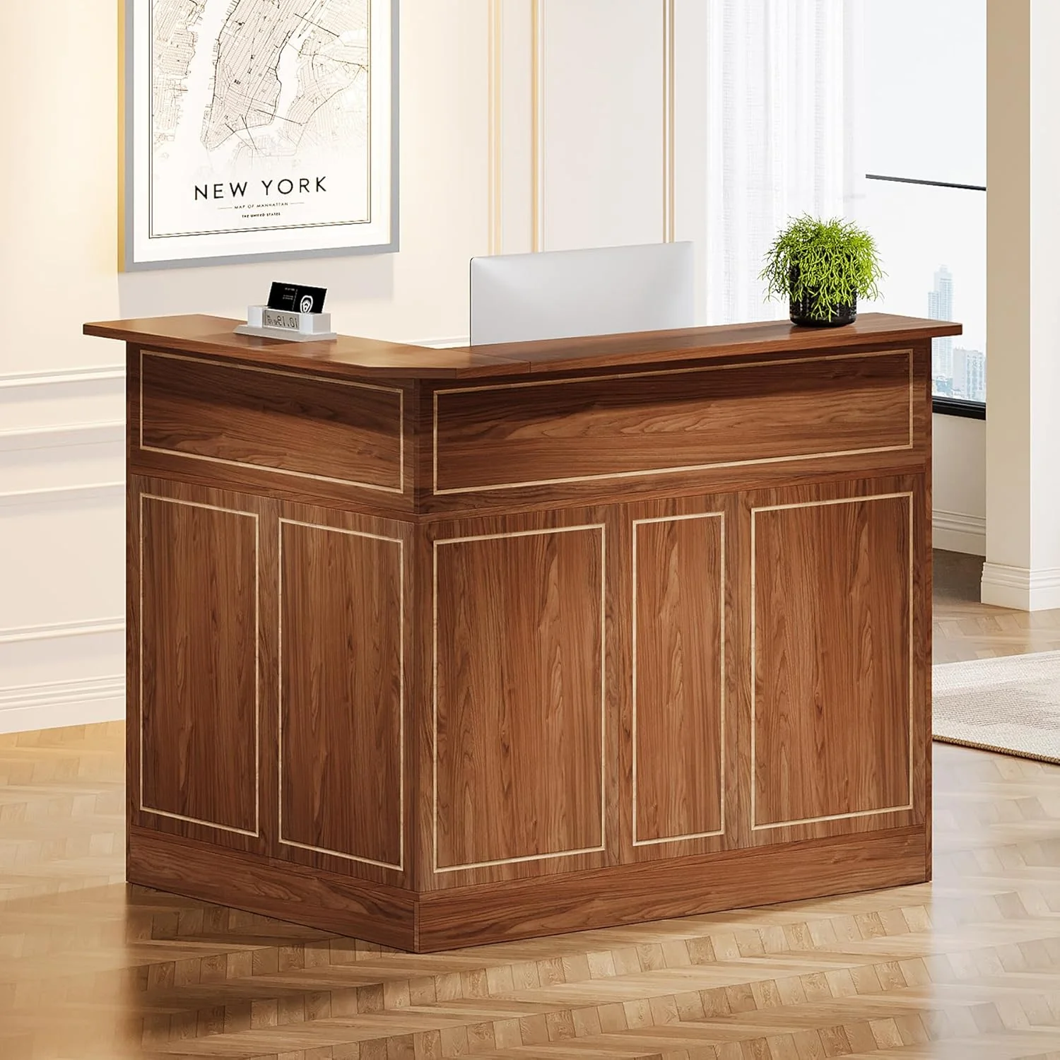 L-Shaped Reception Desk with Storage Shelves, Modern Front Desk for Small Office or Salon - Image 15