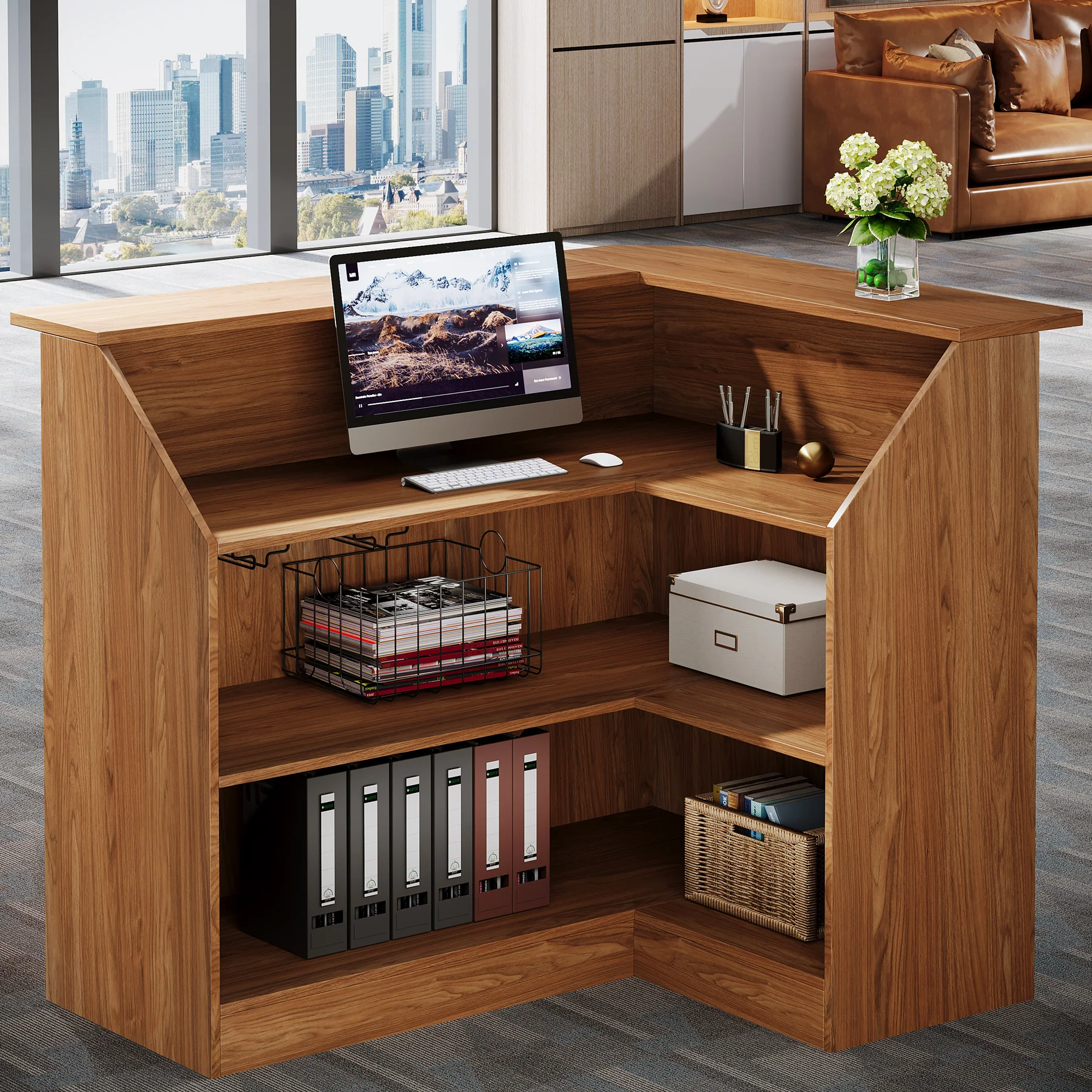 L-Shaped Reception Desk with Storage Shelves, Modern Front Desk for Small Office or Salon - Image 17