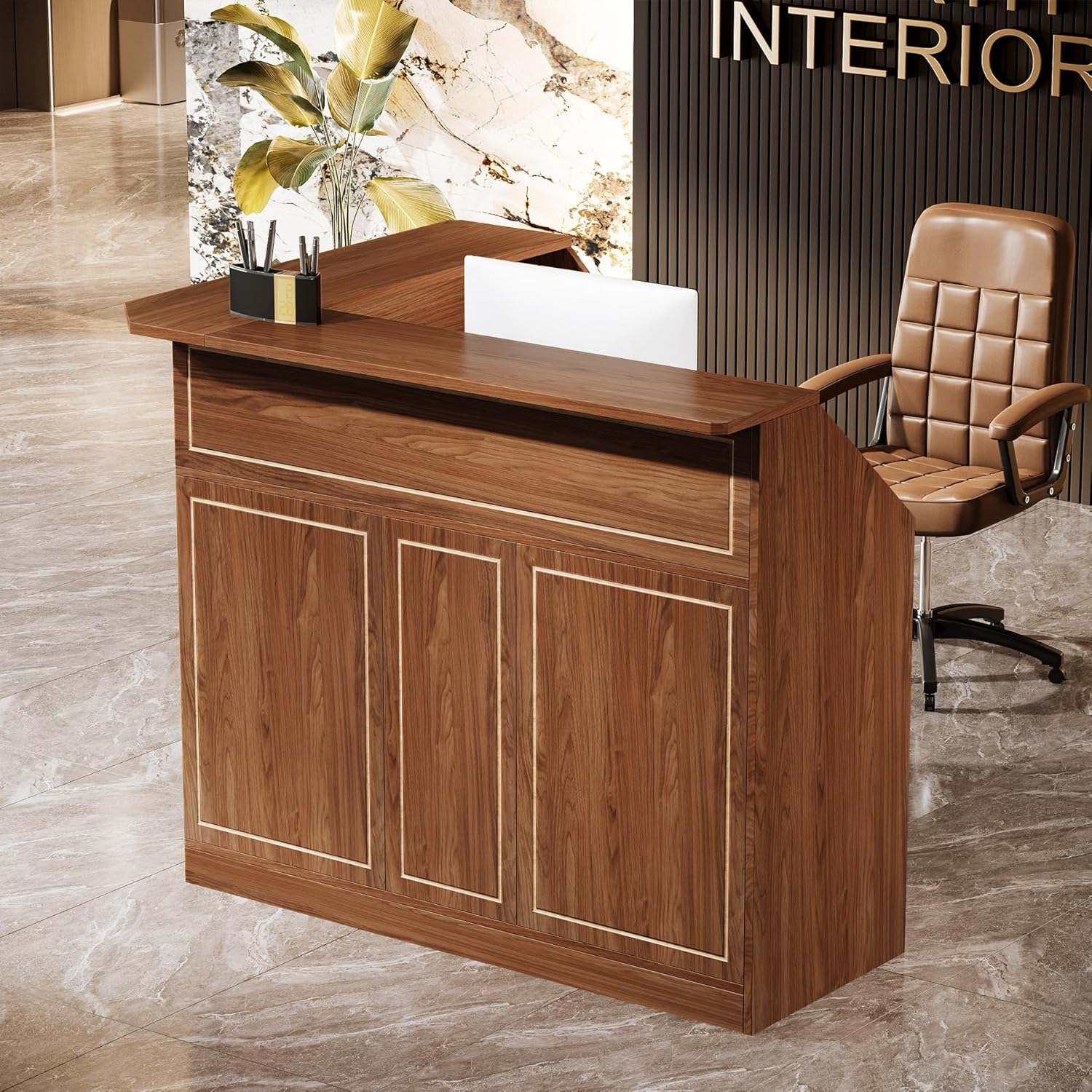 L-Shaped Reception Desk with Storage Shelves, Modern Front Desk for Small Office or Salon - Image 18