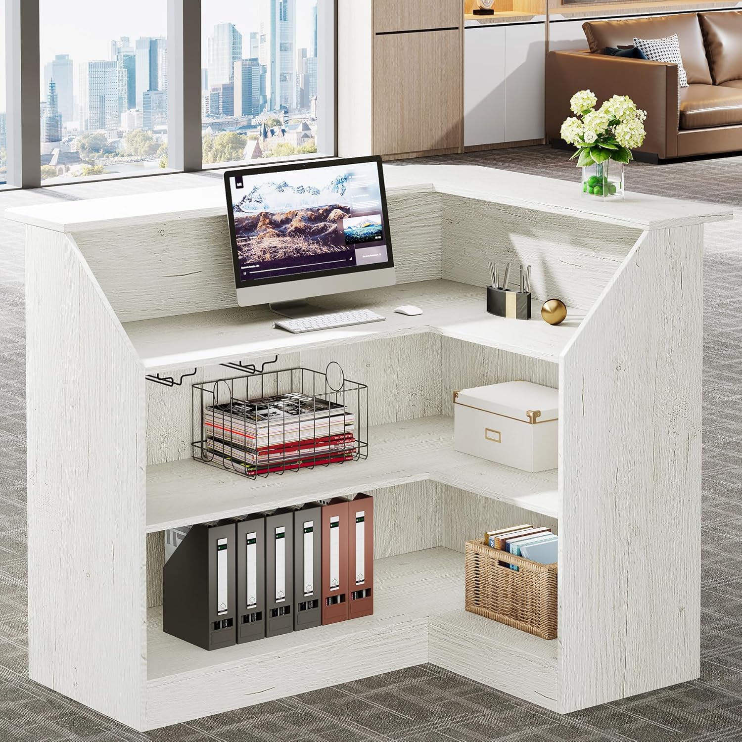 L-Shaped Reception Desk with Storage Shelves, Modern Front Desk for Small Office or Salon - Image 23
