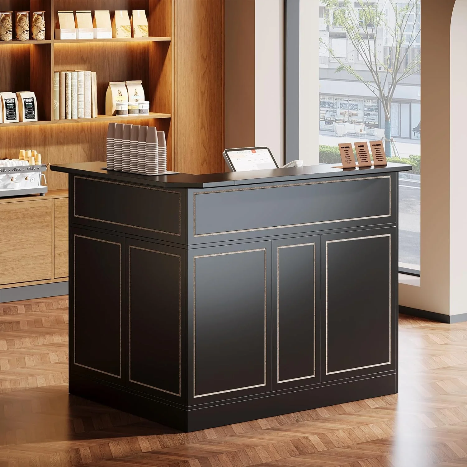 L-Shaped Reception Desk with Storage Shelves, Modern Front Desk for Small Office or Salon - Image 3
