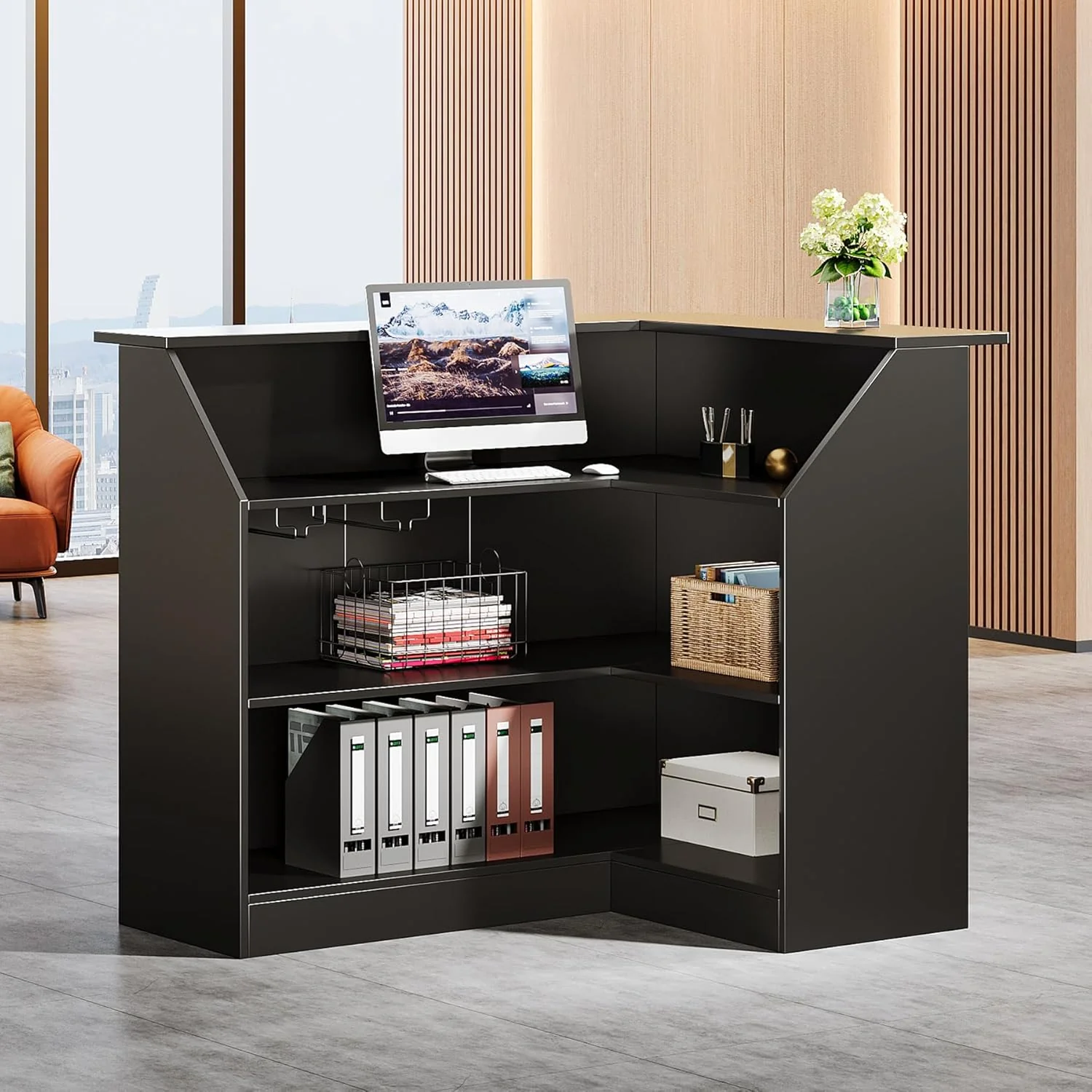 L-Shaped Reception Desk with Storage Shelves, Modern Front Desk for Small Office or Salon - Image 4
