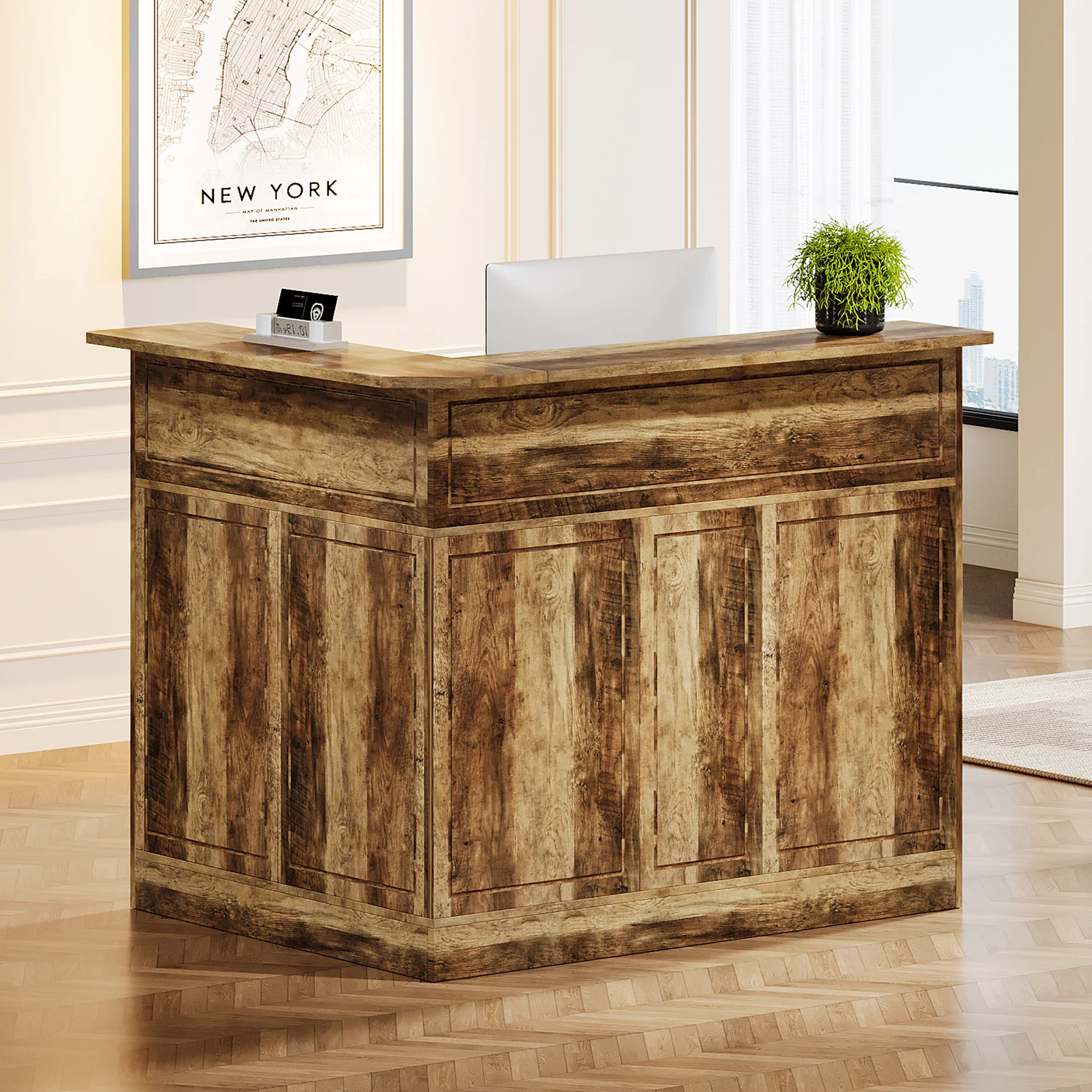 L-Shaped Reception Desk with Storage Shelves, Modern Front Desk for Small Office or Salon - Image 6