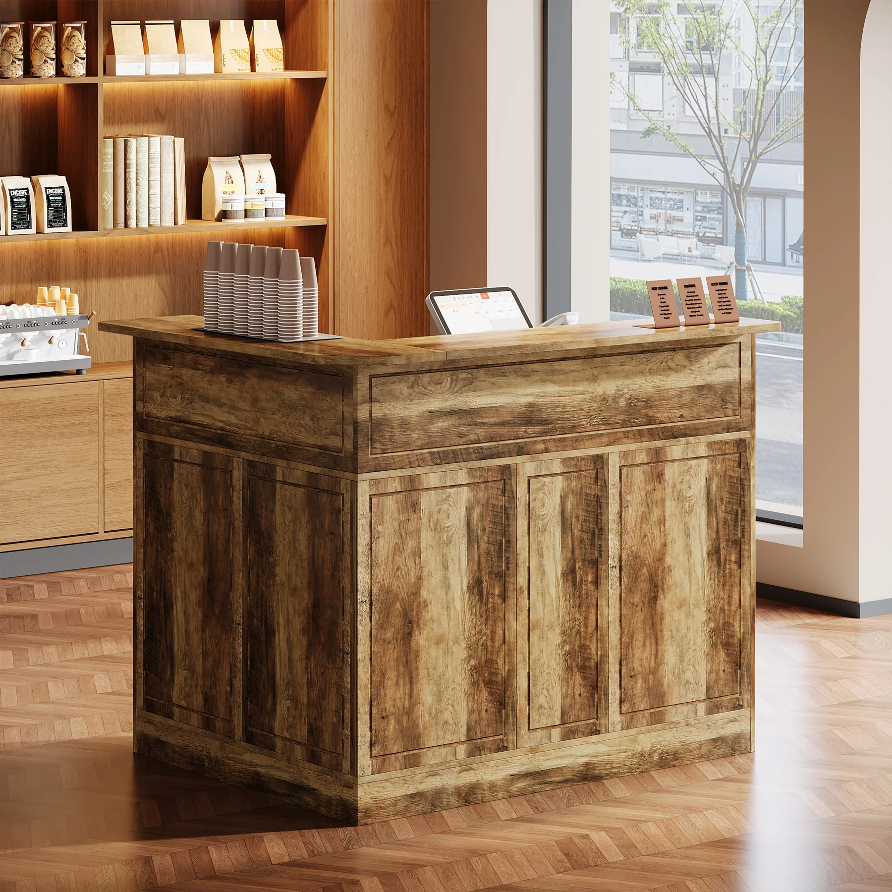 L-Shaped Reception Desk with Storage Shelves, Modern Front Desk for Small Office or Salon - Image 8