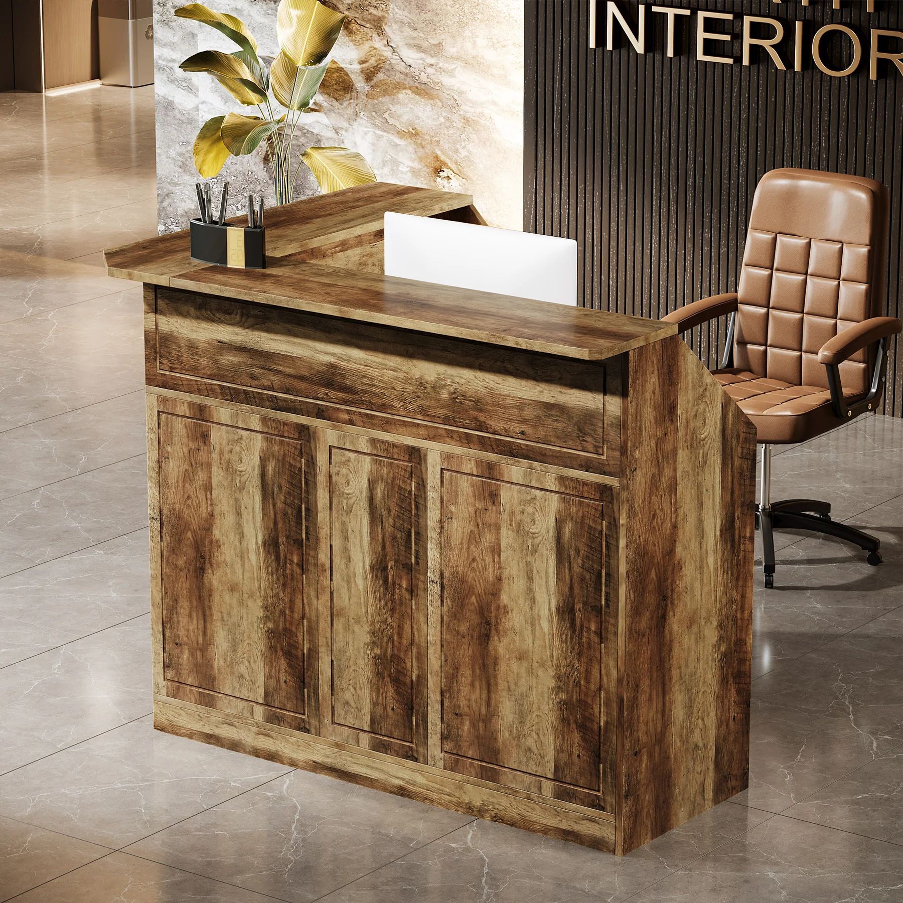L-Shaped Reception Desk with Storage Shelves, Modern Front Desk for Small Office or Salon - Image 9