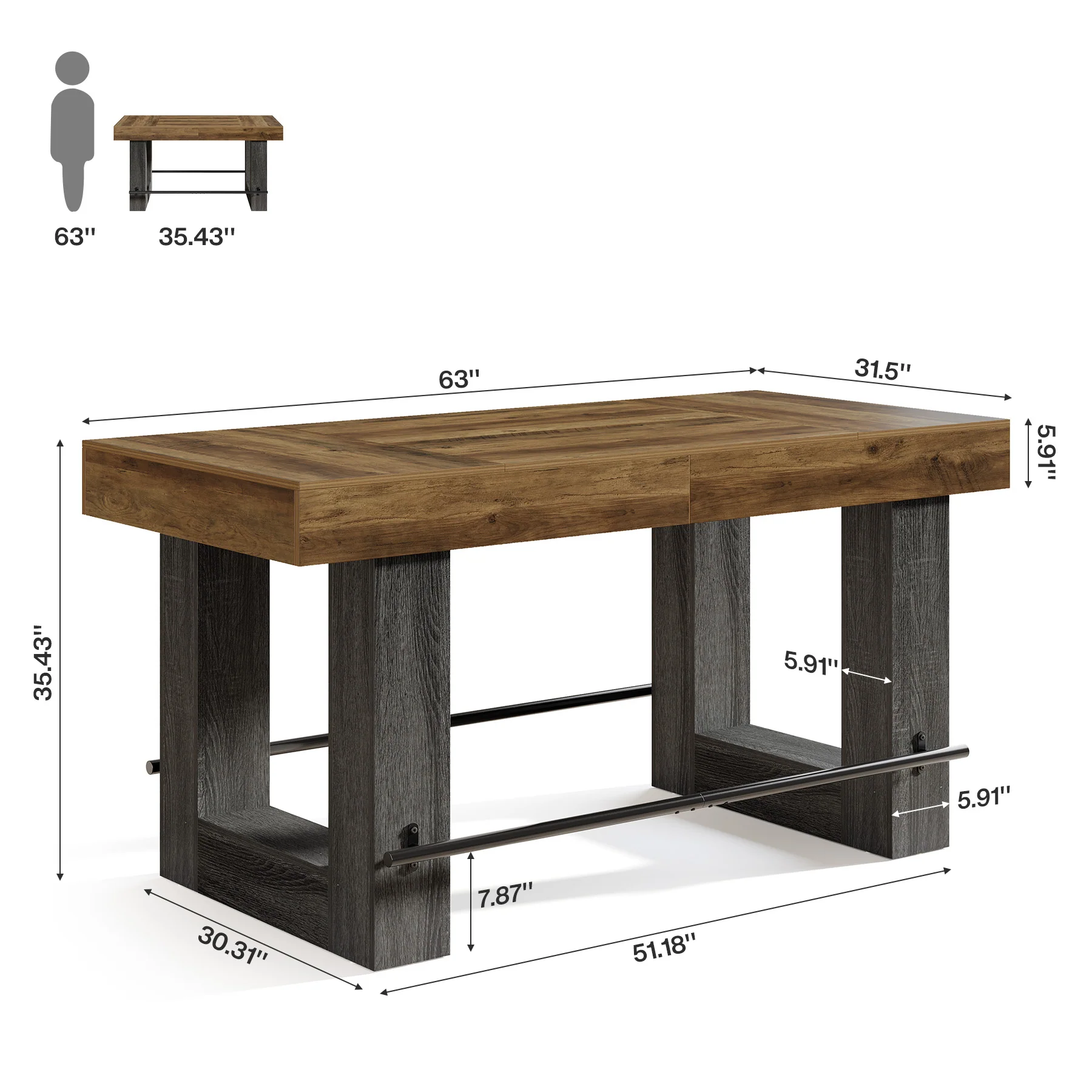 63" Counter Height Bar Table, Large High Top Pub Table Kitchen Island - Image 2