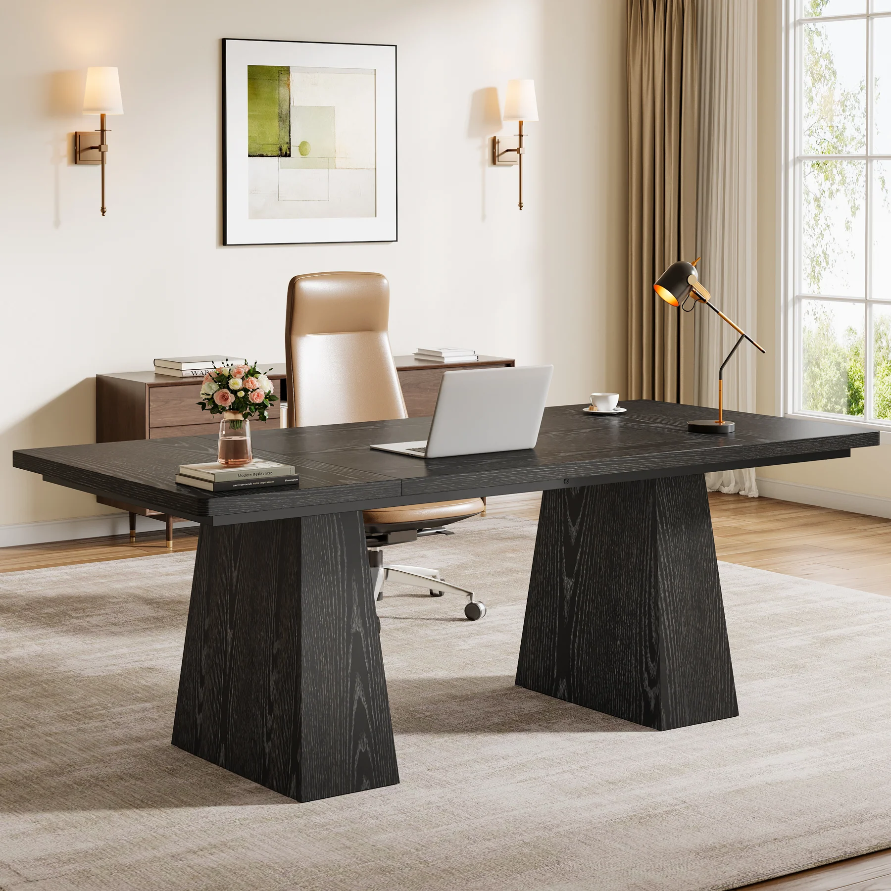 63" Modern Executive Desk, Large Office Computer Desk with Sturdy Double Pedestal