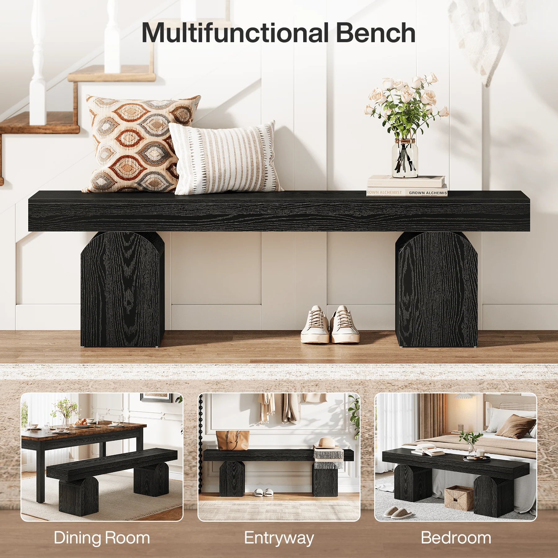 59" Entryway Bench, Long Shoe Bench with Arched Bases - Image 6