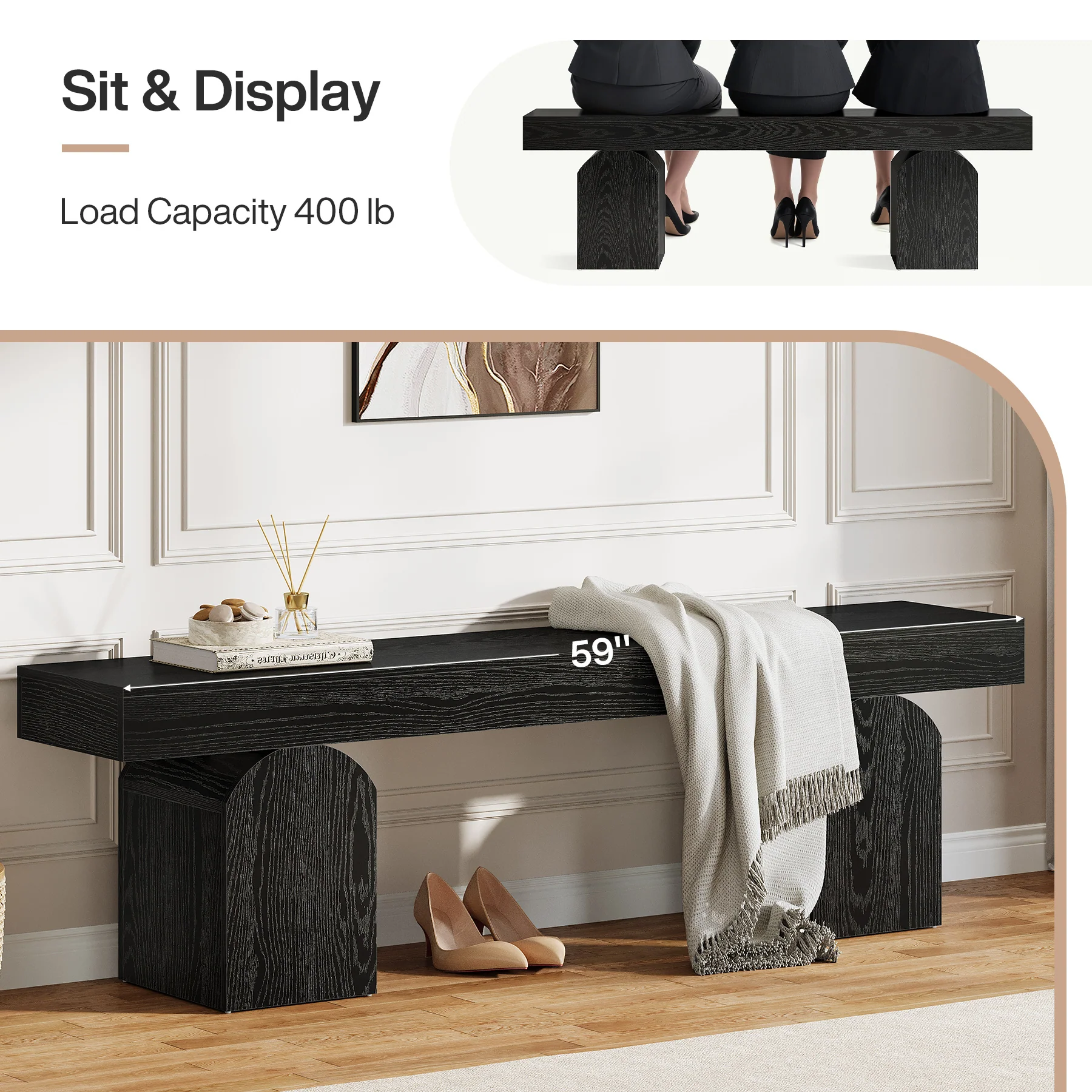 59" Entryway Bench, Long Shoe Bench with Arched Bases - Image 7