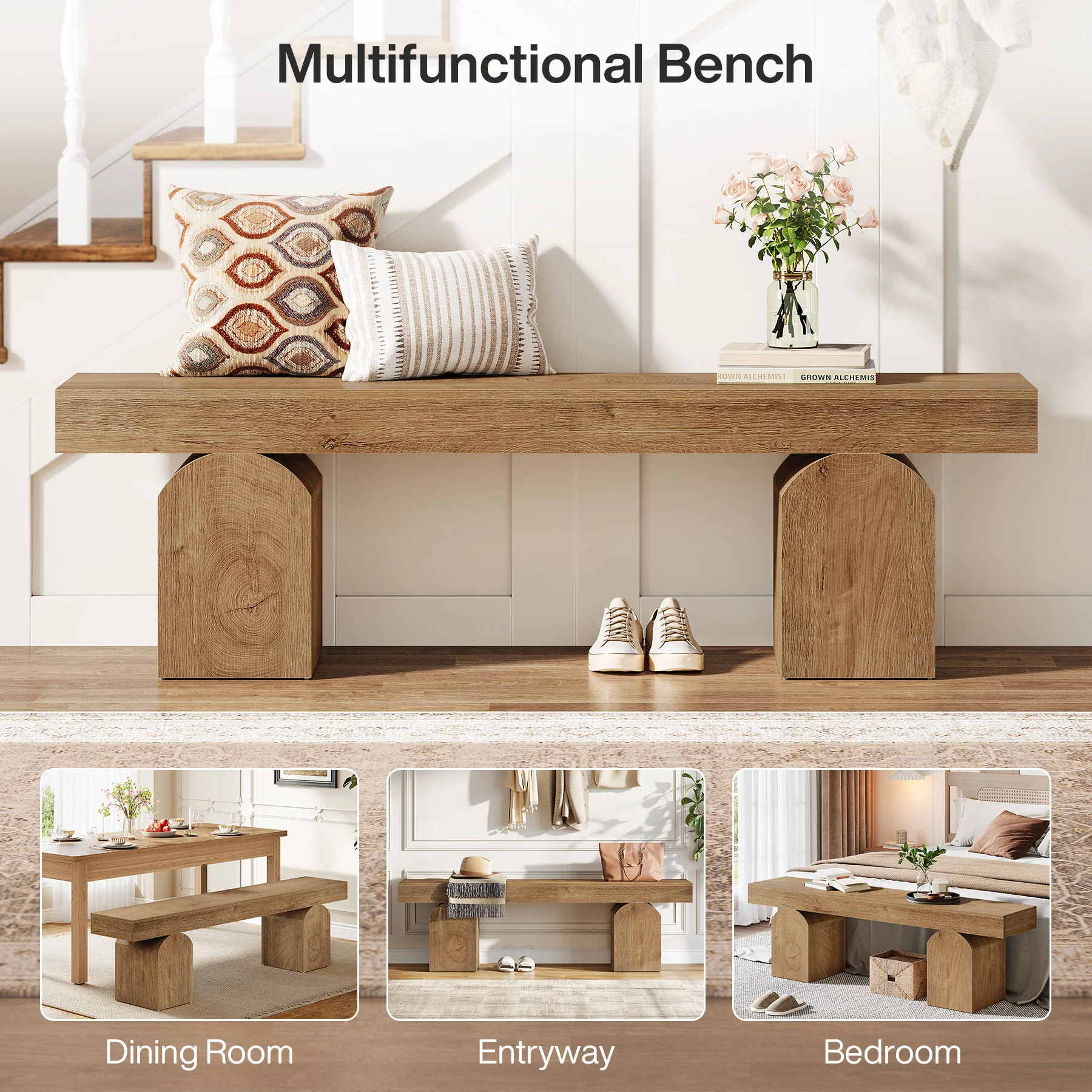 59" Entryway Bench, Long Shoe Bench with Arched Bases for Entry Way - Image 8
