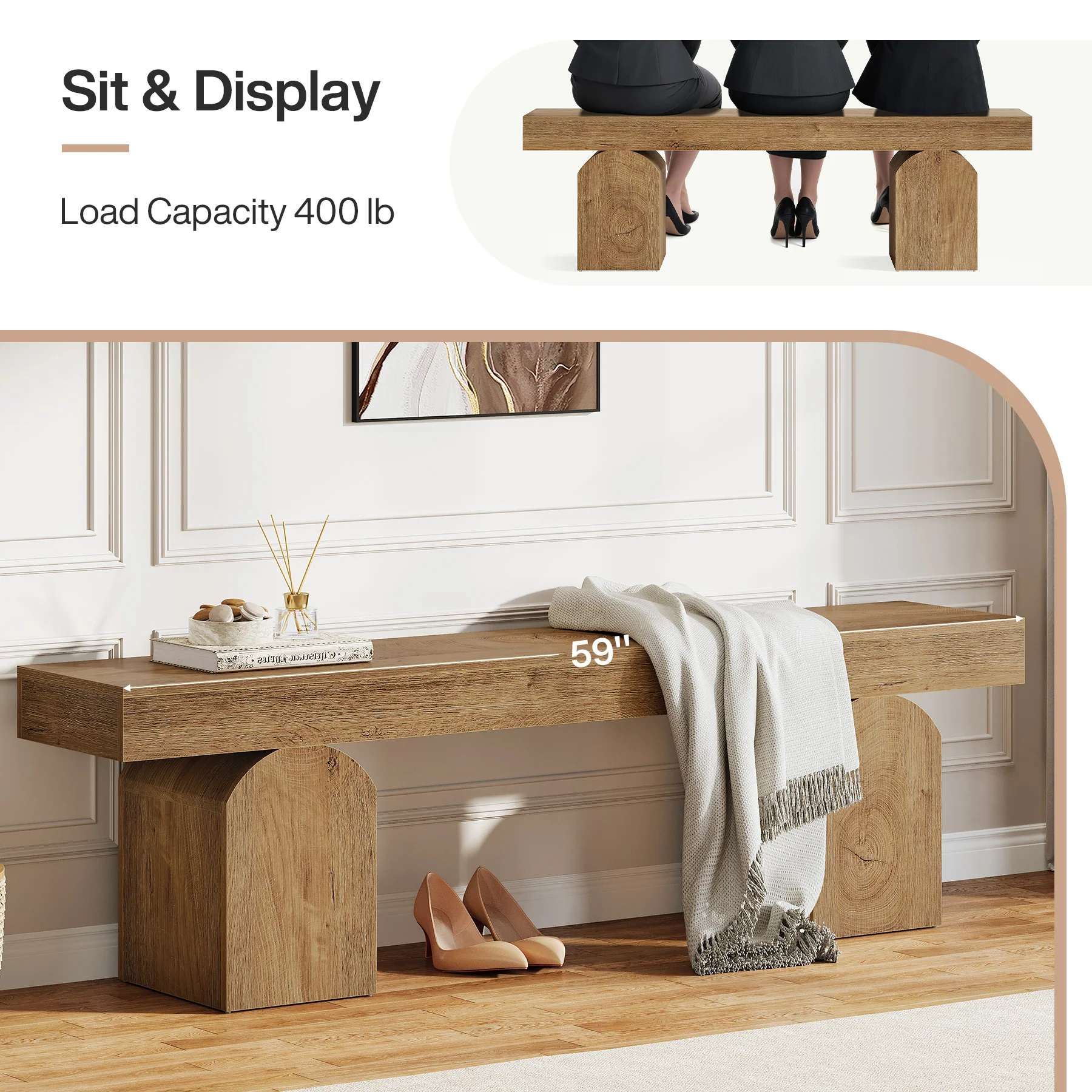 59" Entryway Bench, Long Shoe Bench with Arched Bases for Entry Way - Image 9